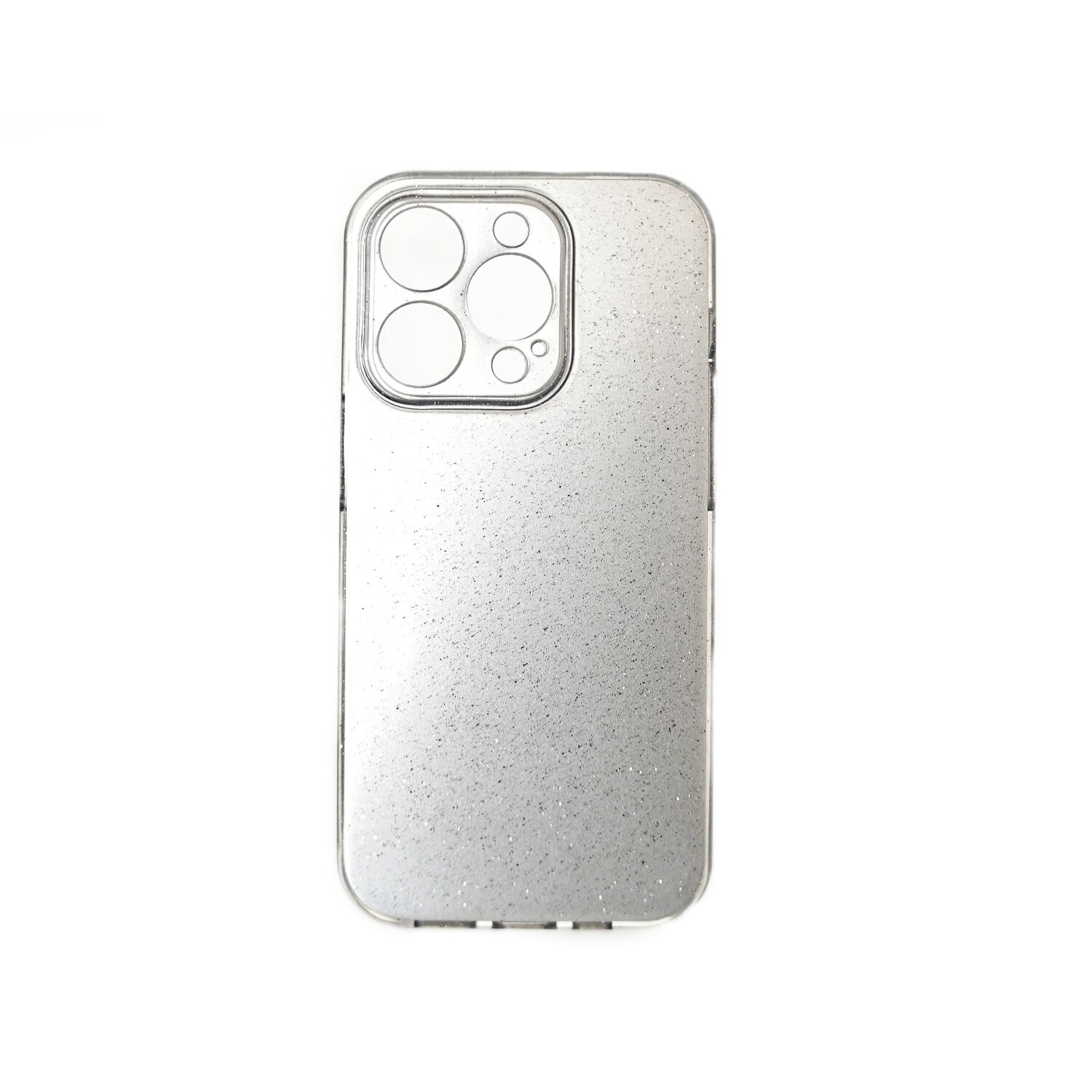 Custodia per telefono argentata con tre fori per fotocamera, su sfondo bianco.