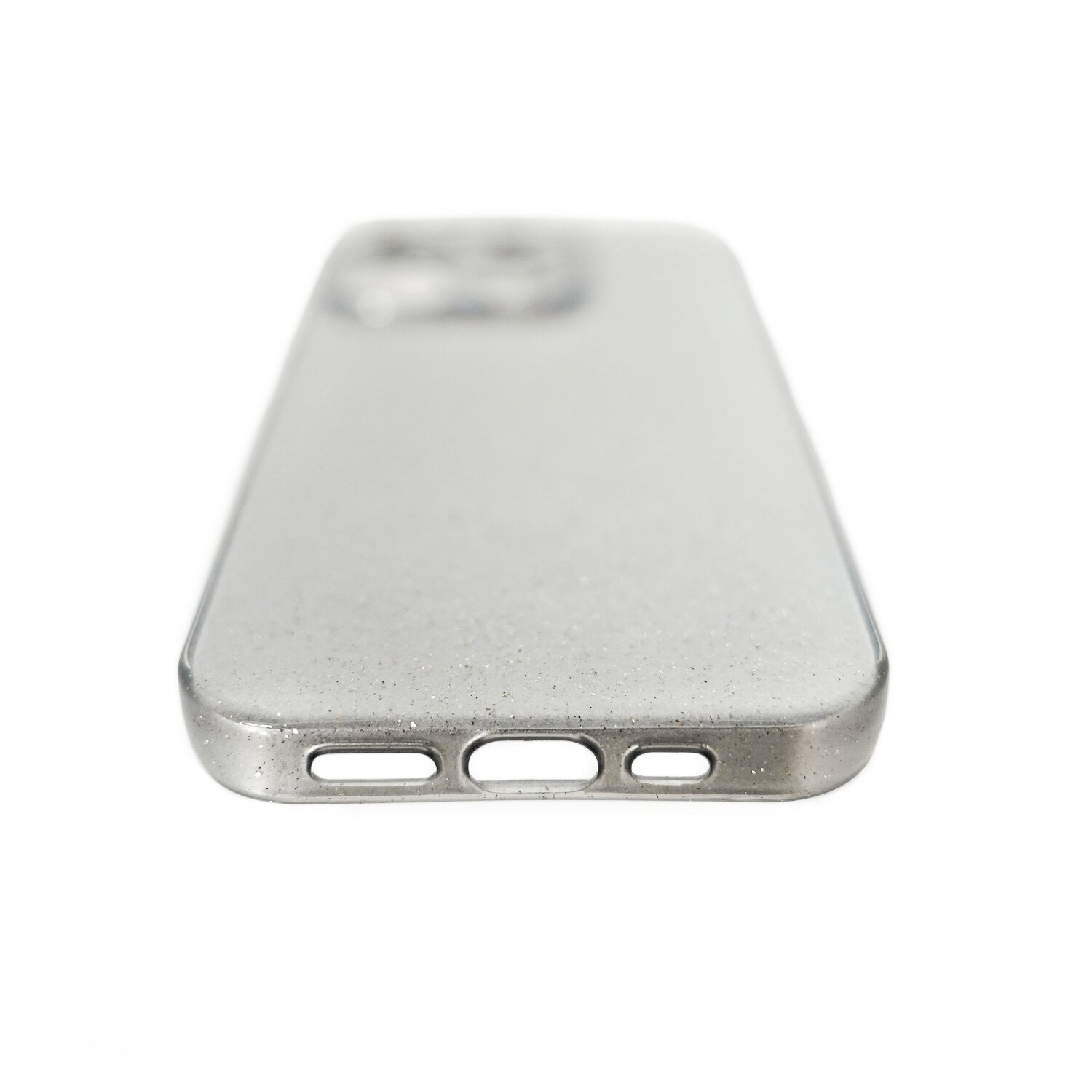 Custodia trasparente per telefono con glitter, vista dal basso, con fori per fotocamera e porte.