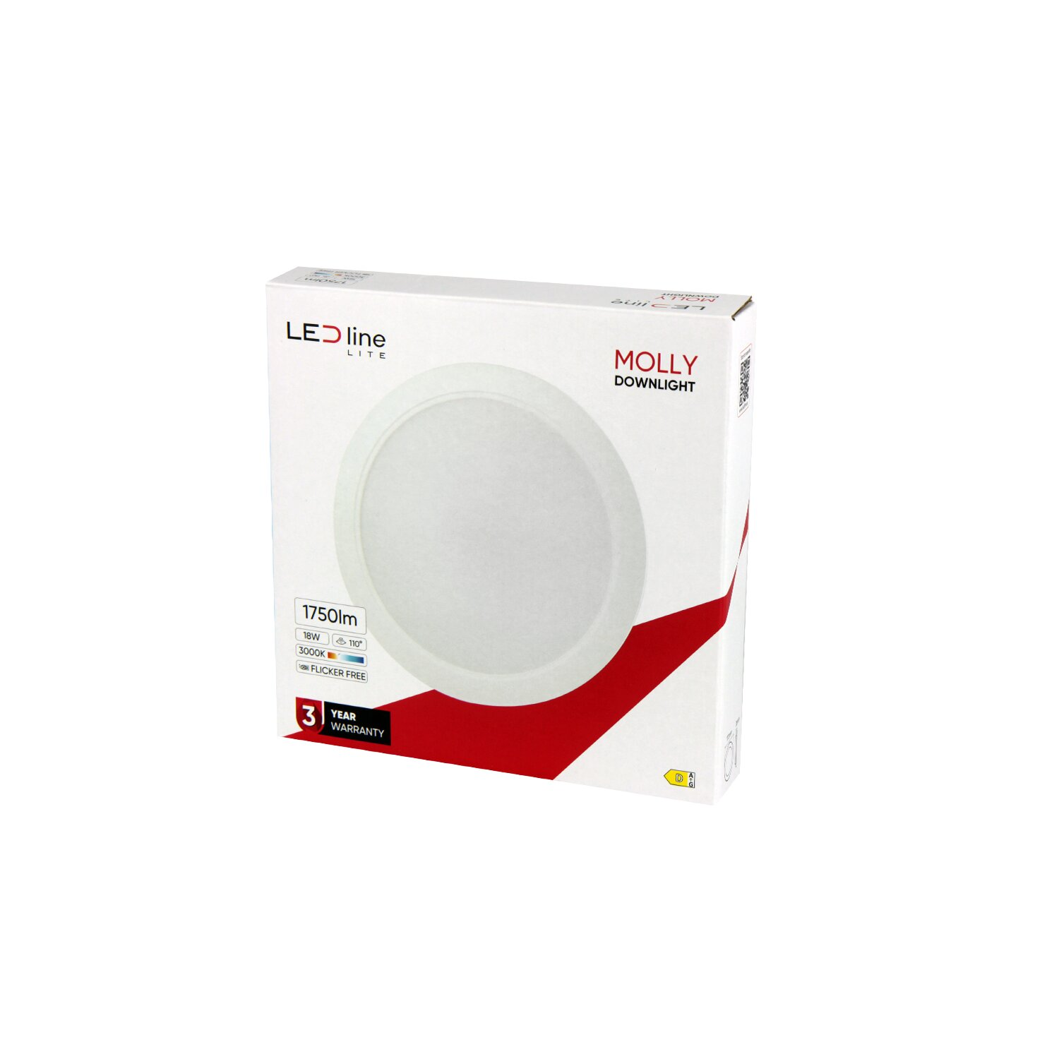 Weiße Box mit einem Downlight. Die Box enthält Text über das Produkt und eine Garantie.