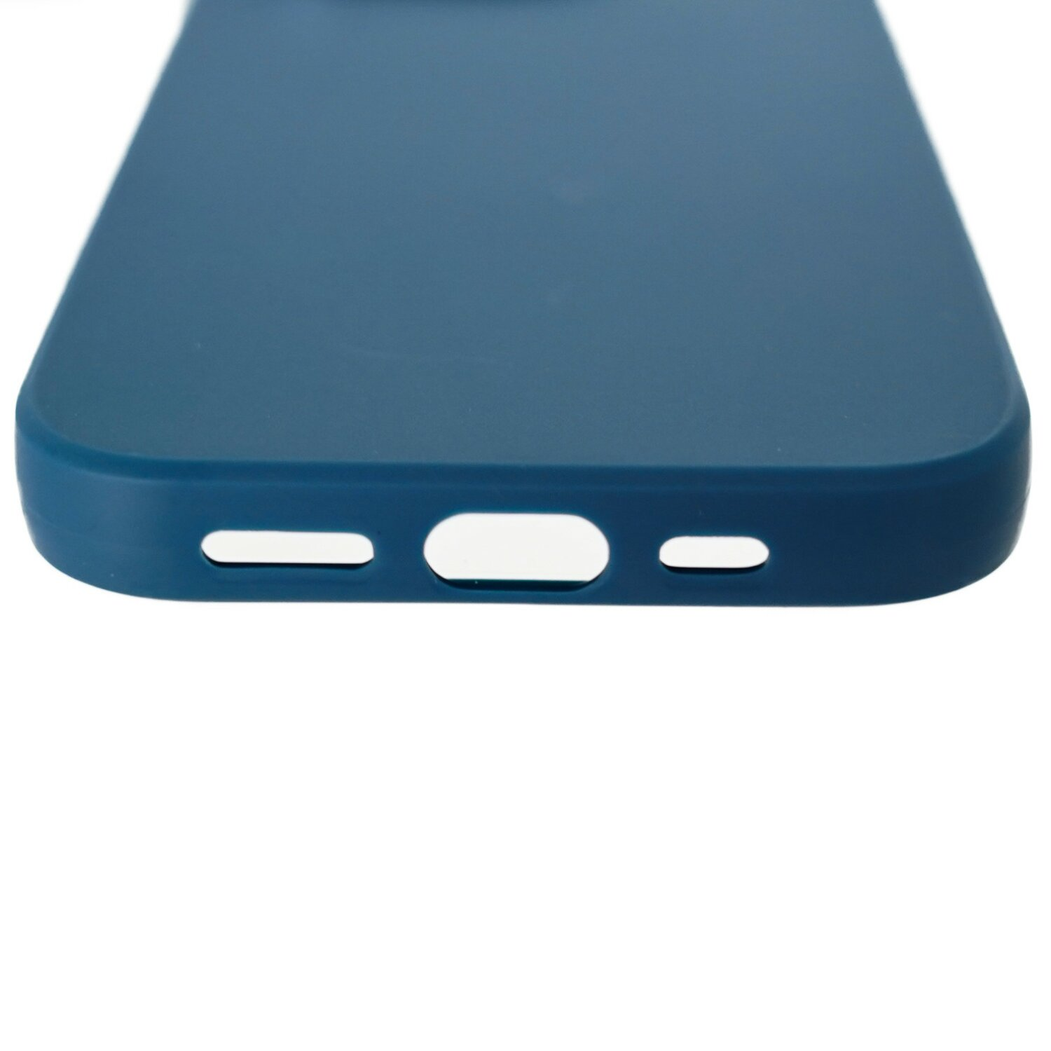 Primo piano della parte inferiore di una custodia blu per telefono, con aperture per il caricabatterie e gli altoparlanti.