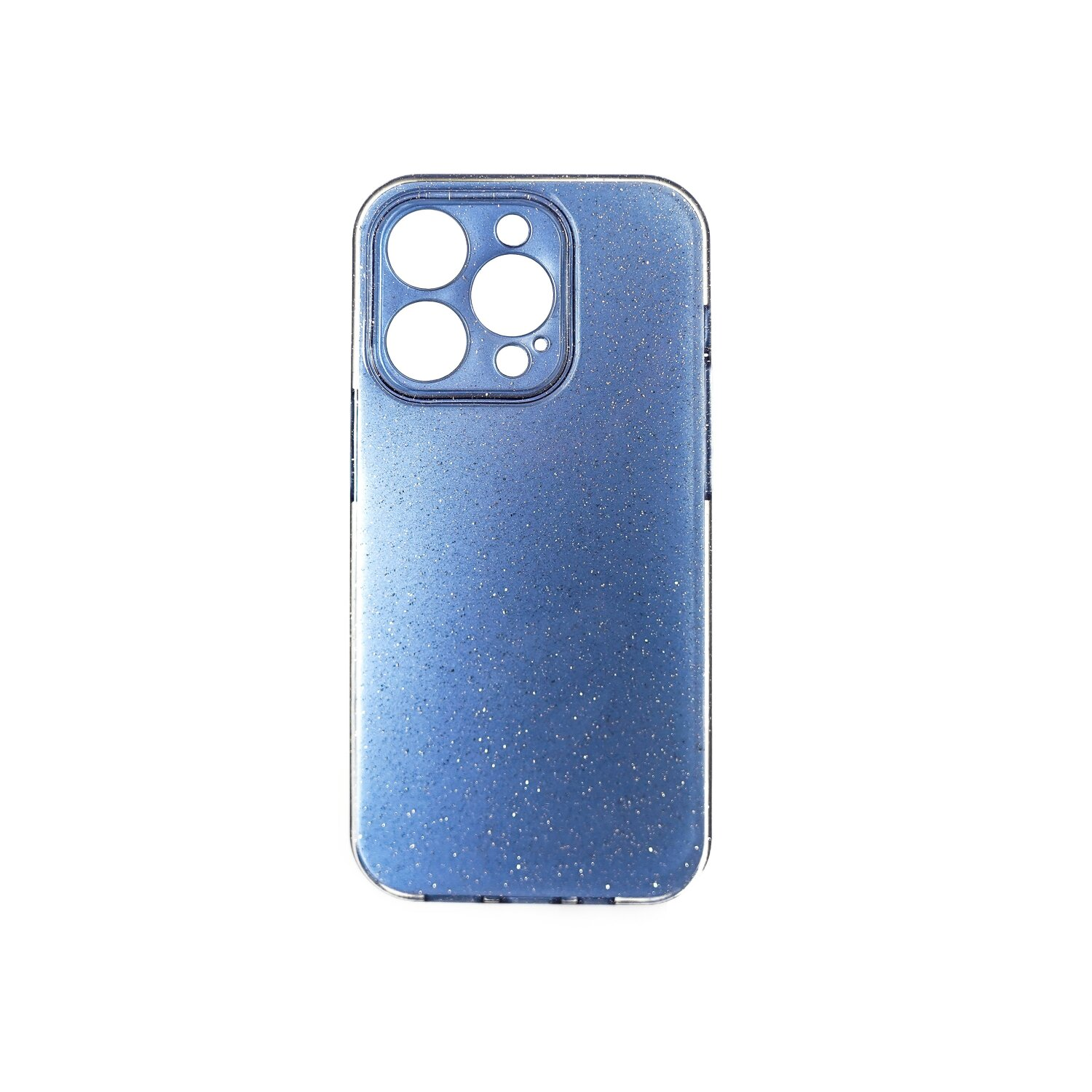 Custodia per telefono blu con tre fori per fotocamera, su sfondo bianco.