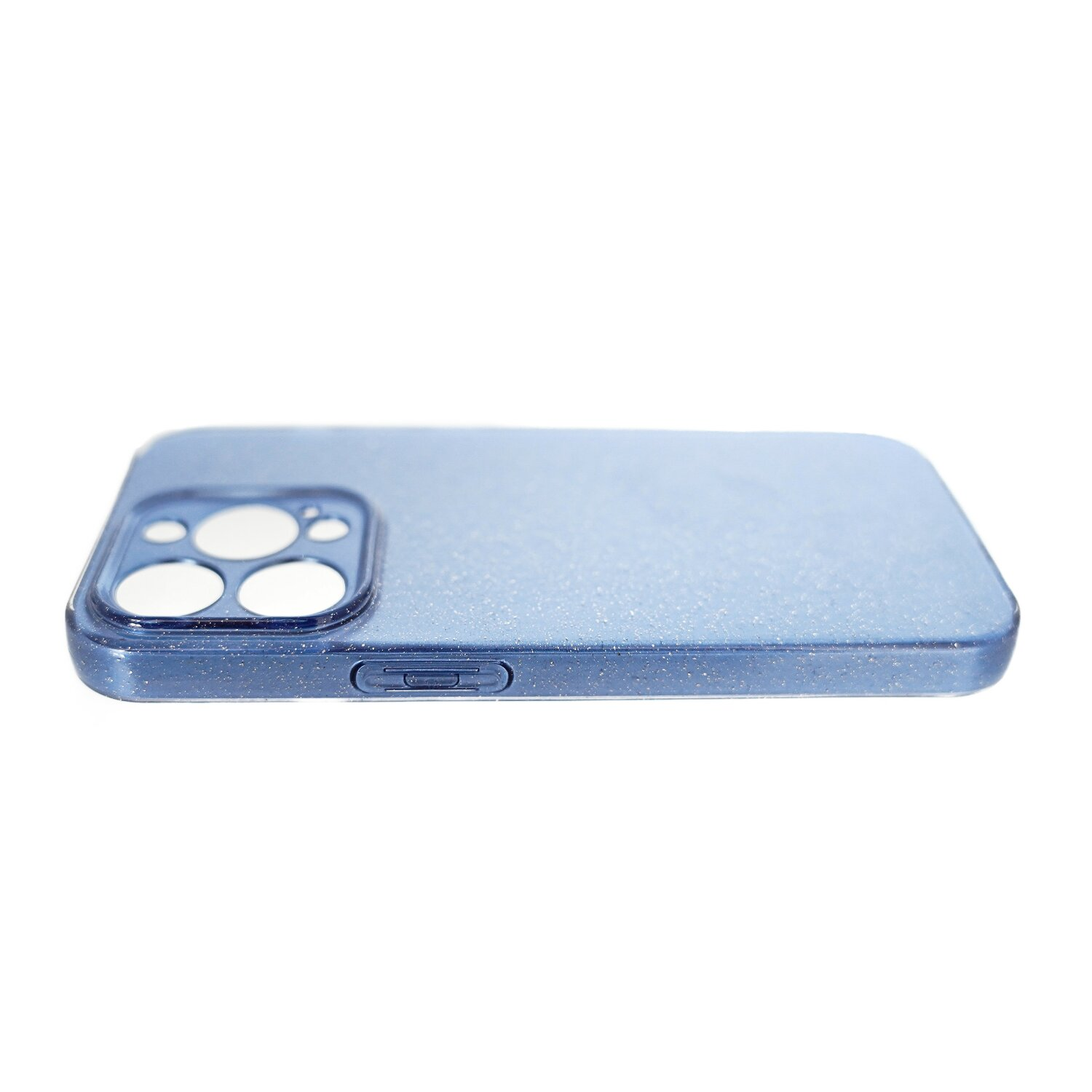 Una custodia blu per telefono su sfondo bianco con il pulsante di accensione laterale.