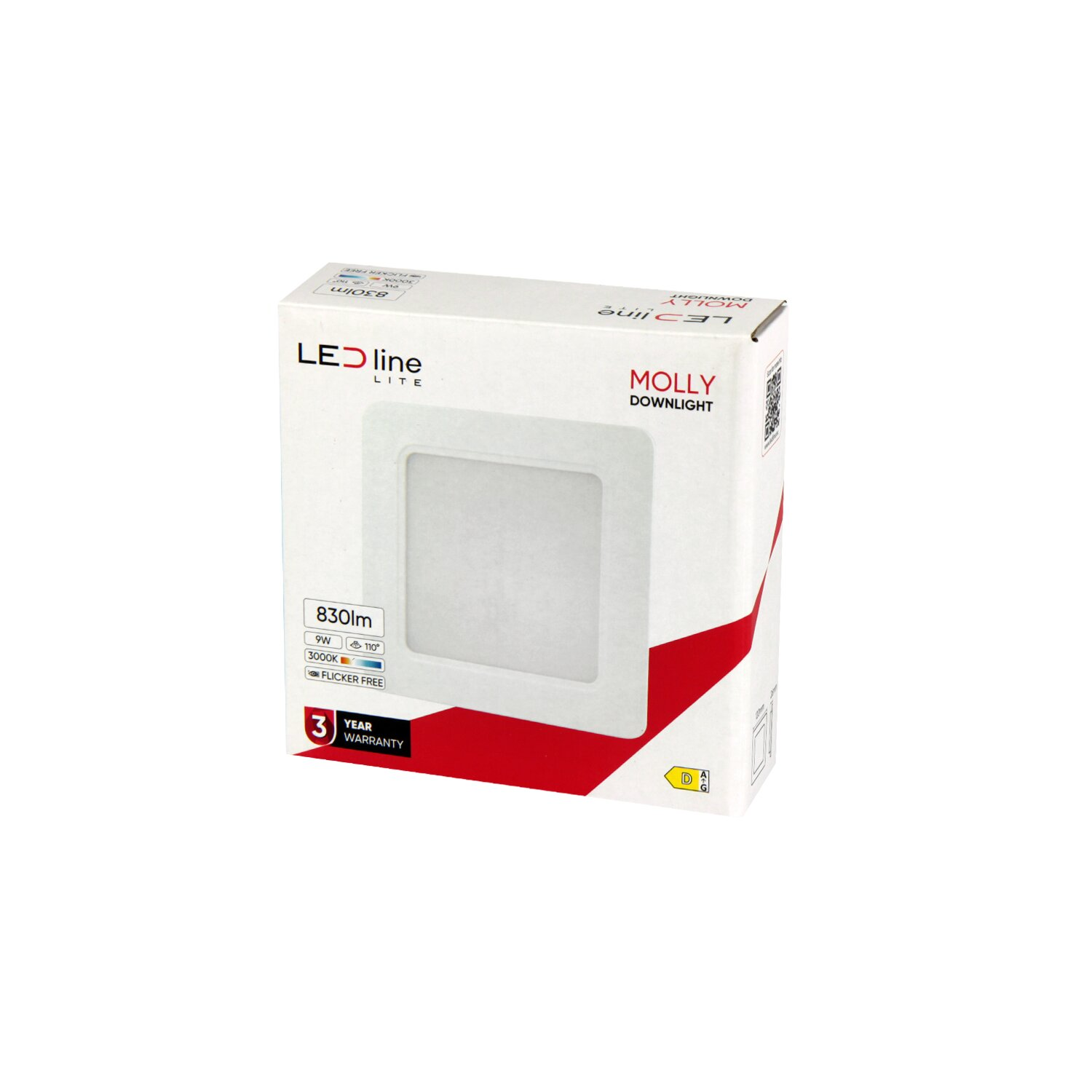 Una scatola bianca con un downlight LED quadrato, testo sulle caratteristiche e informazioni sulla garanzia.