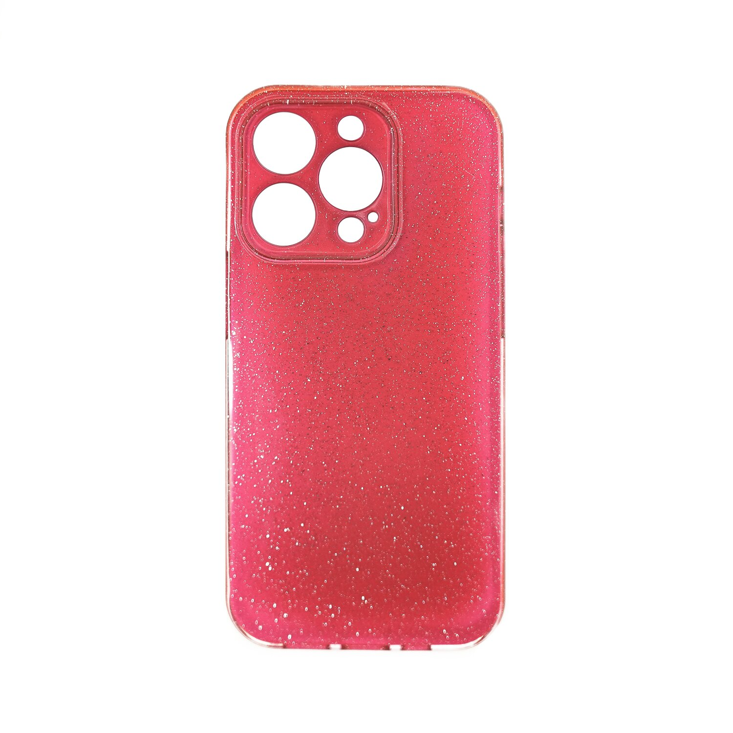 Custodia rossa glitterata con fori per la fotocamera. La custodia brilla, sfondo bianco.