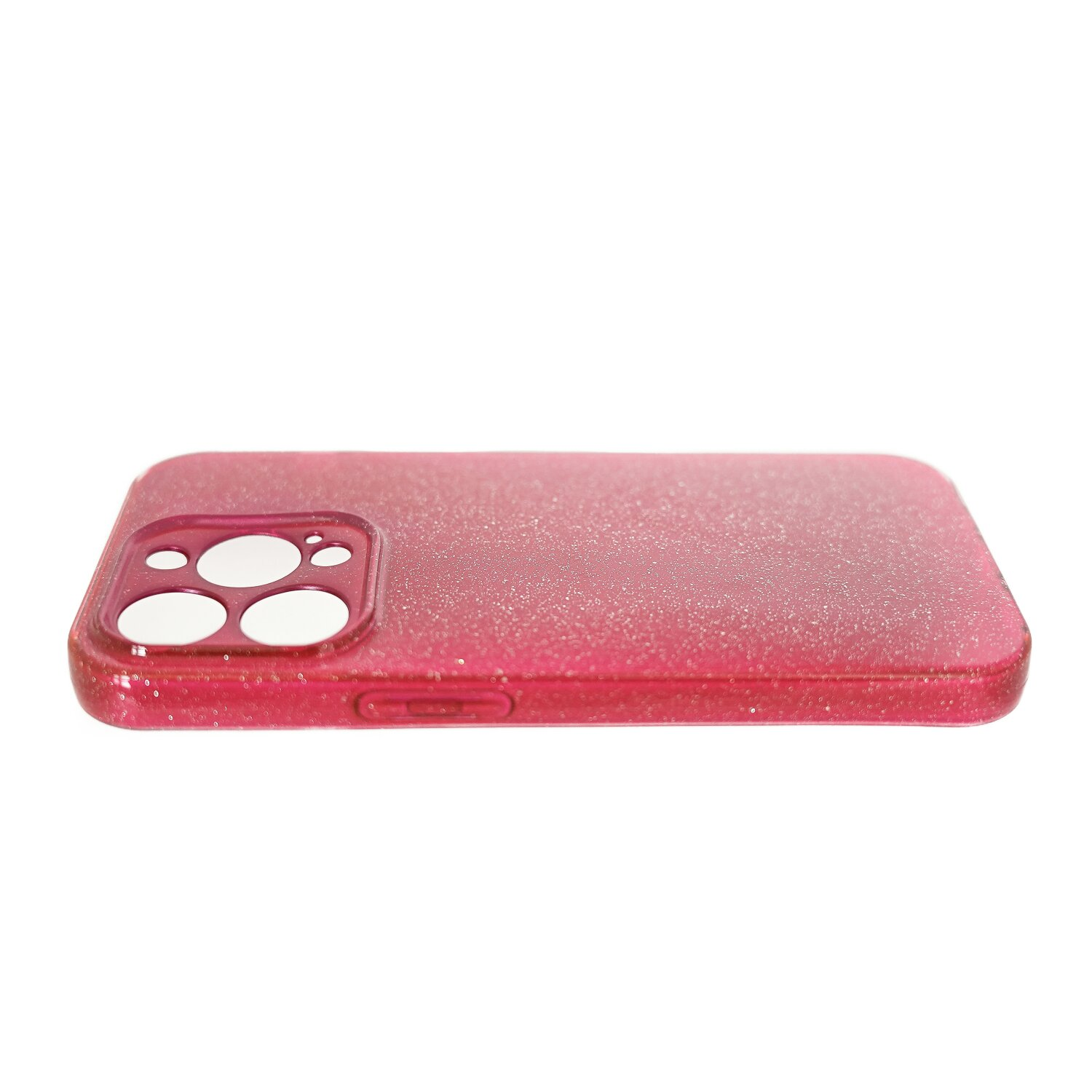 Una custodia per telefono rosa e glitterata con ritagli per la fotocamera su sfondo bianco.