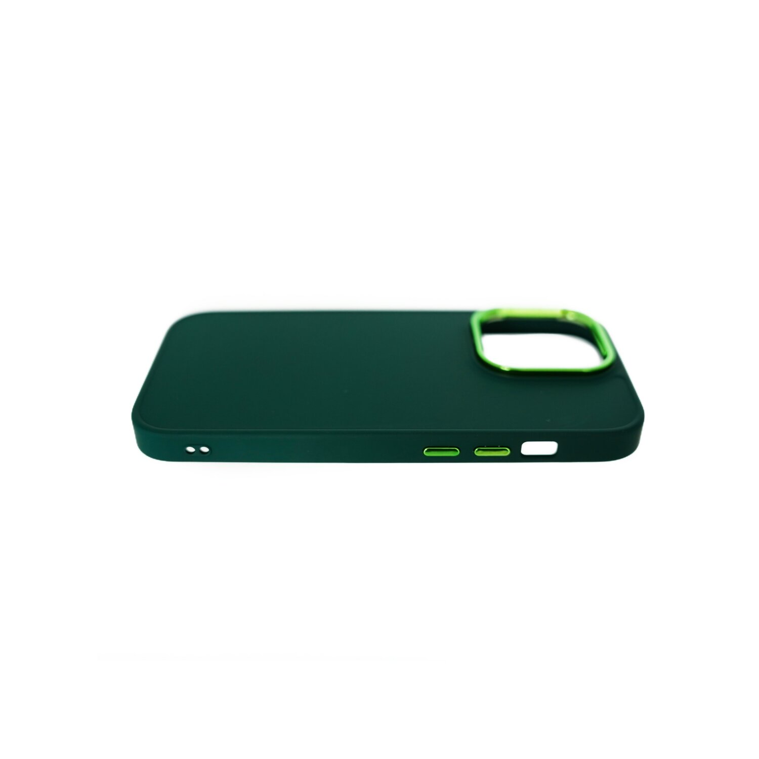 Una custodia per telefono verde scuro con un bordo verde attorno al foro della fotocamera.