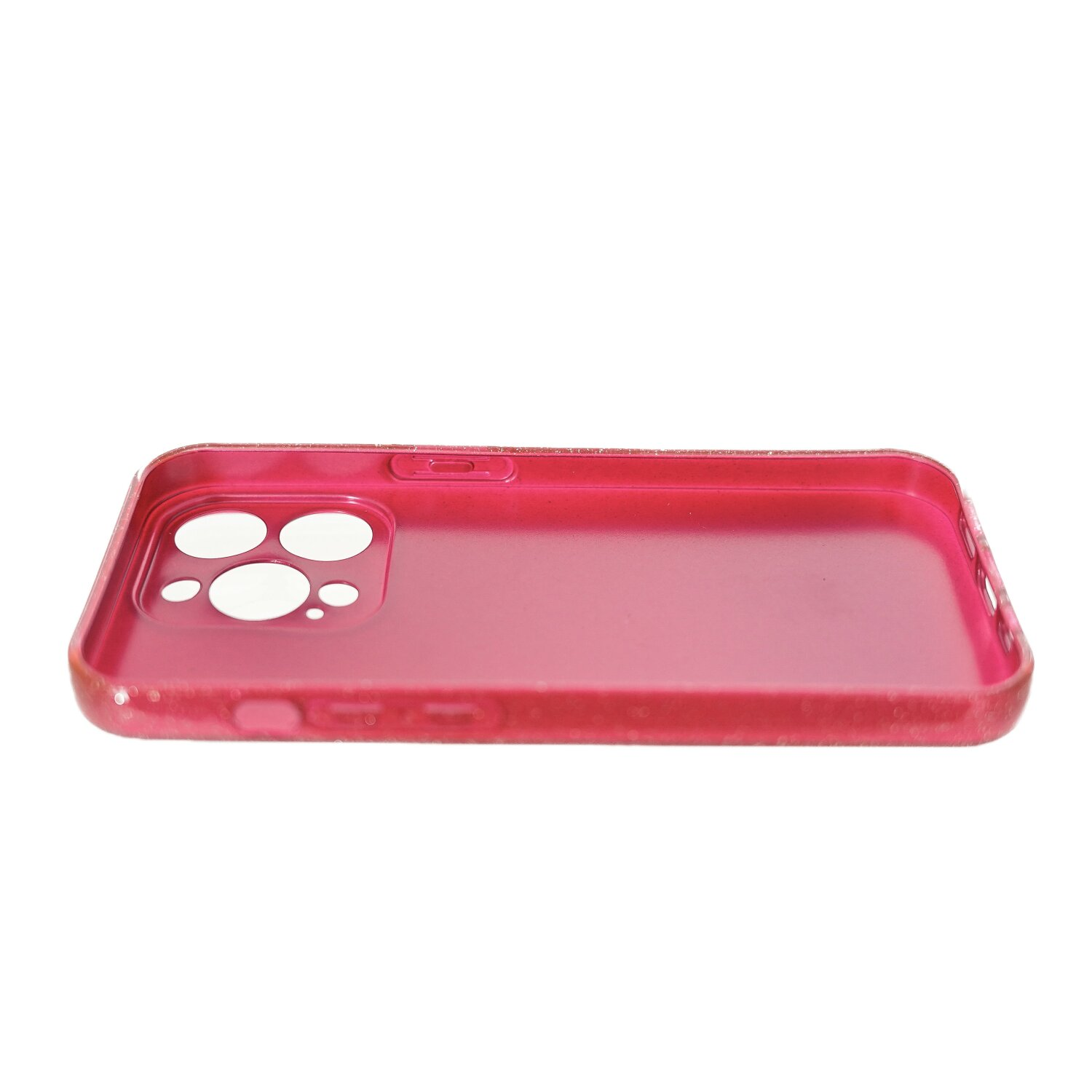 Una custodia rossa per iPhone è appoggiata su una superficie bianca. Ha aperture per le lenti della fotocamera e i pulsanti laterali.