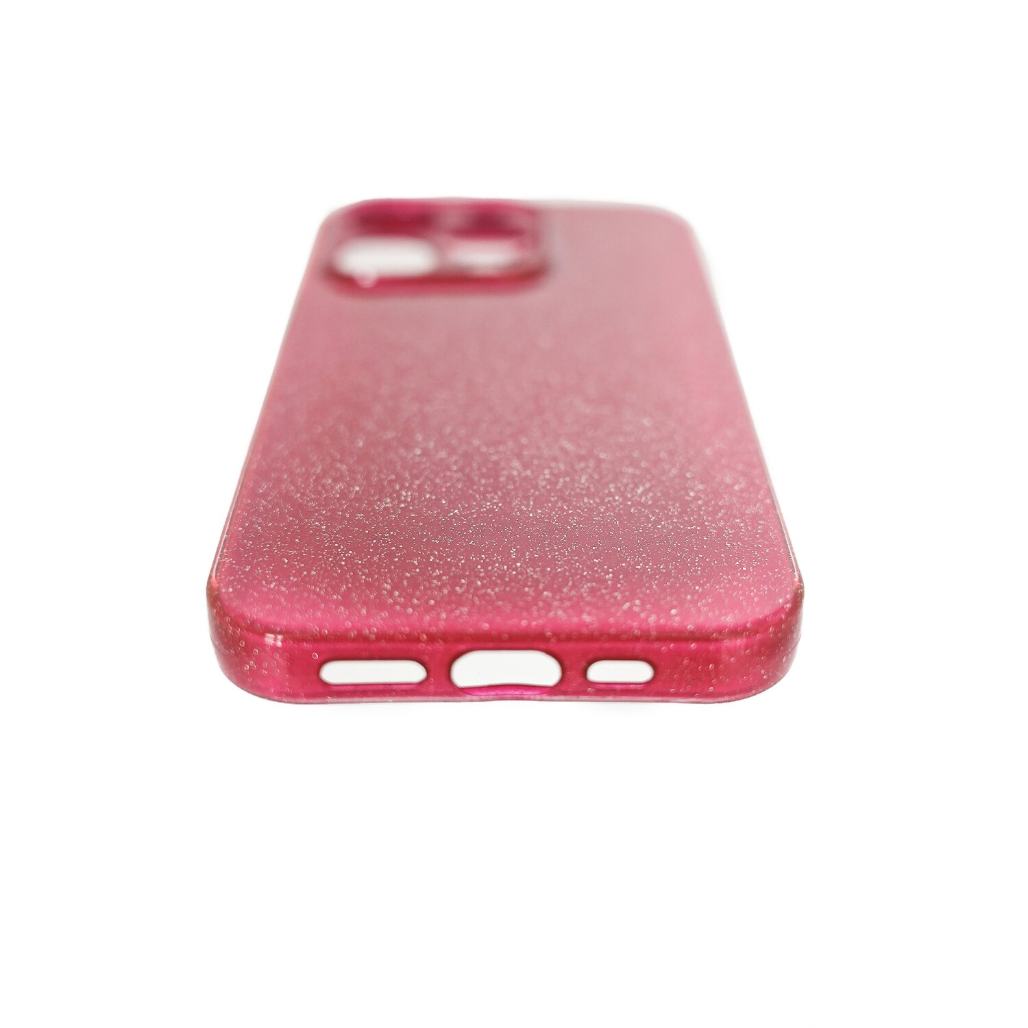 Custodia rosa glitterata per telefono, vista angolata. Mostra l'apertura della fotocamera e i fori.