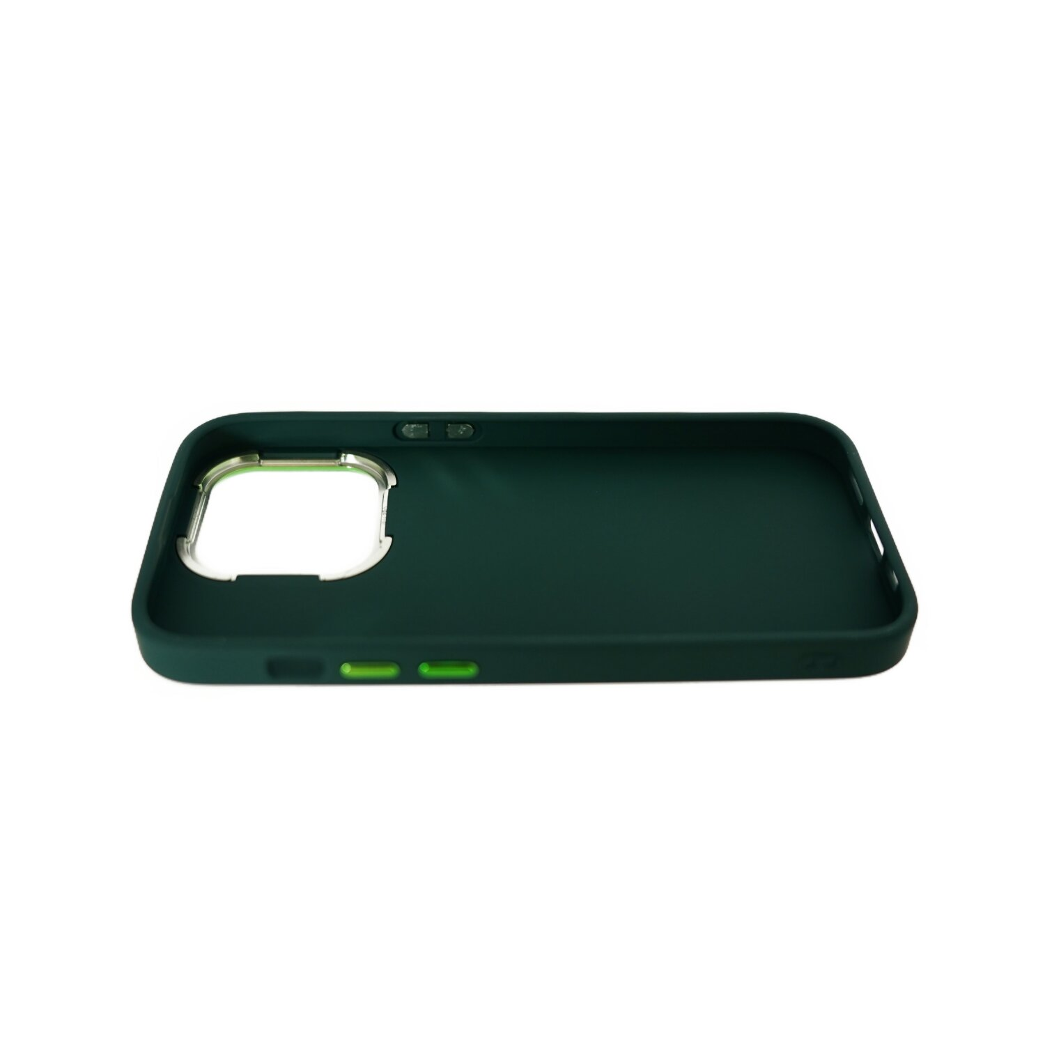 Vista laterale di una custodia per telefono verde scuro con un anello per fotocamera argentato.