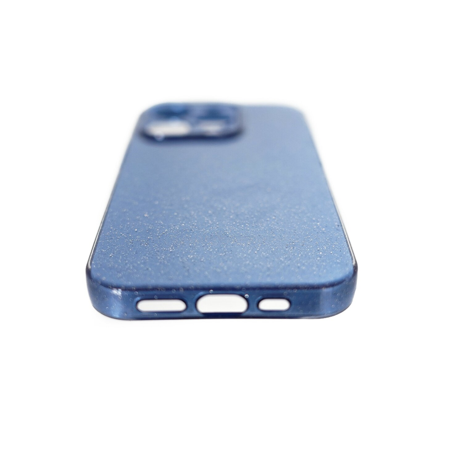 Primo piano di una custodia blu per telefono. La parte inferiore della custodia è visibile.