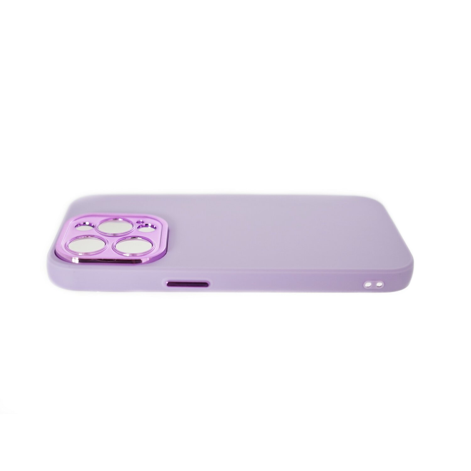 Custodia per telefono lilla con ritagli per fotocamera, su sfondo bianco.