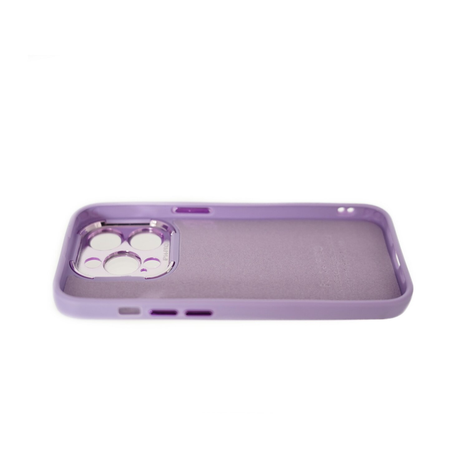Custodia per telefono viola con fori per fotocamera, piatta su una superficie bianca. Dettagli visibili.