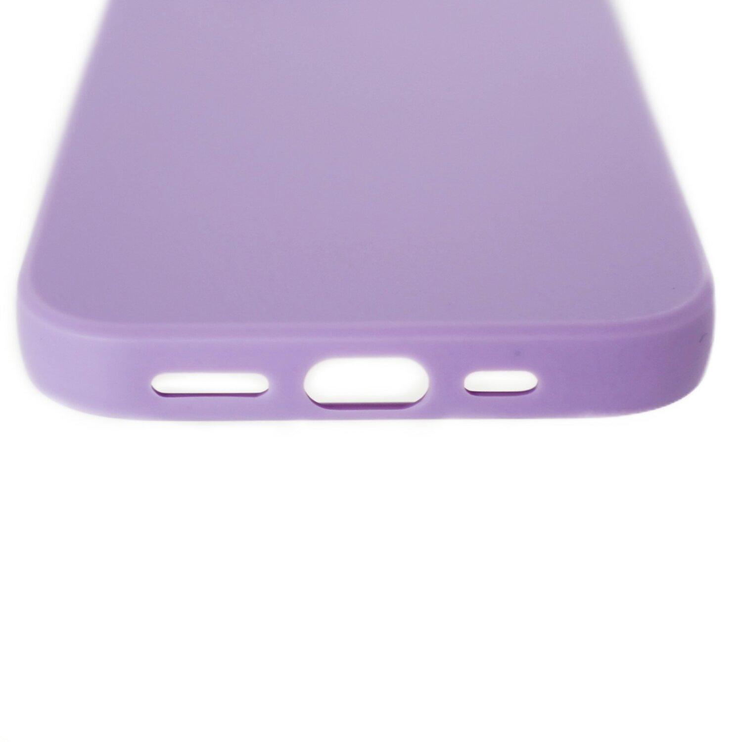 Un primo piano di una custodia per telefono viola con fori per la ricarica e altre funzionalità.