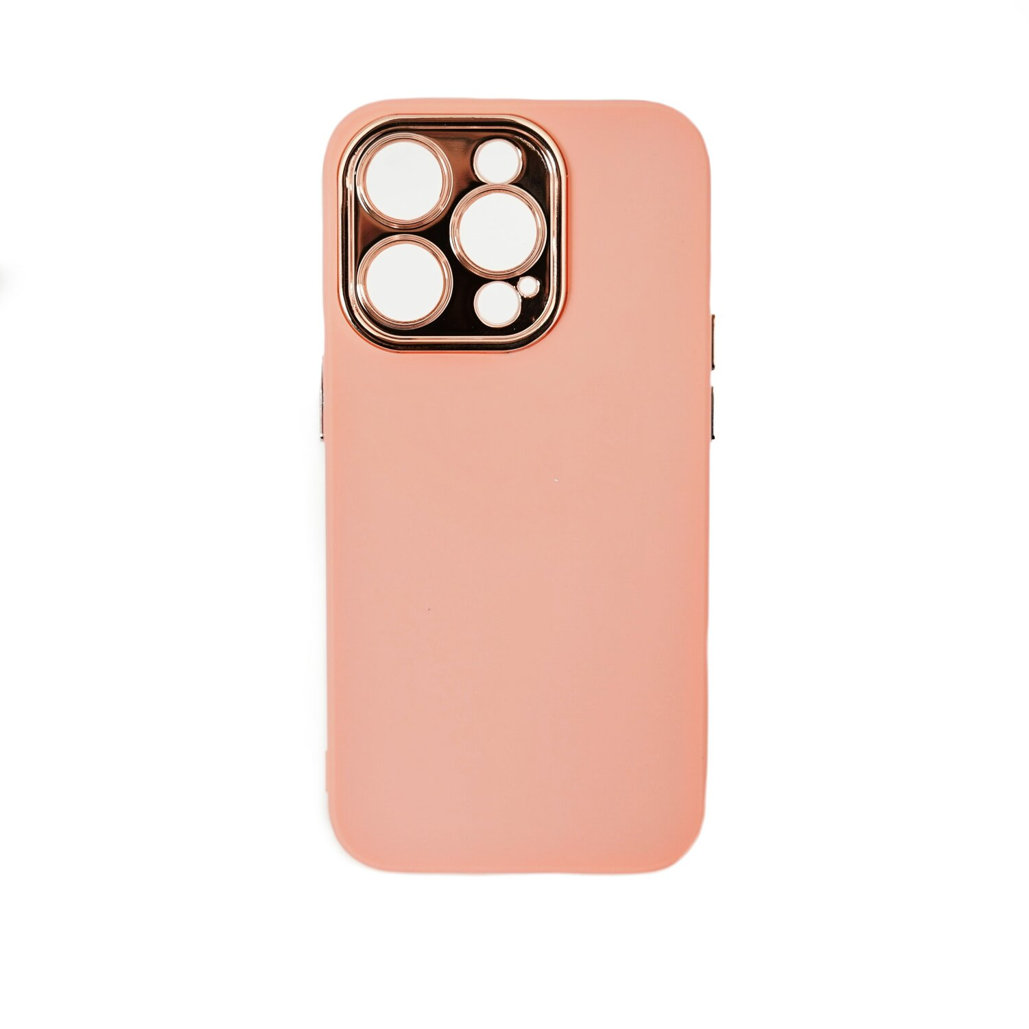 Custodia rosa per telefono con fori per fotocamera e cornice dorata, sfondo bianco.