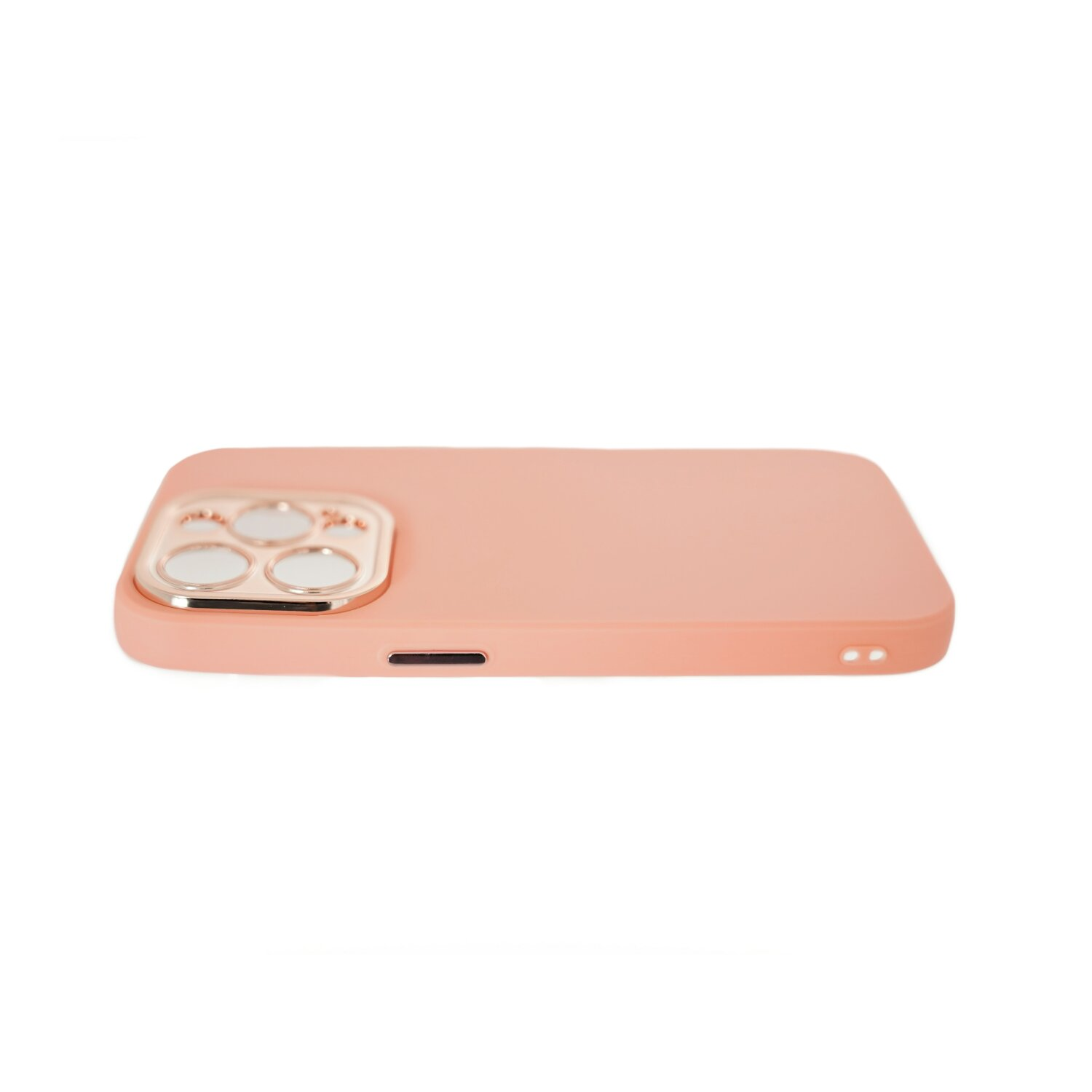 Una custodia per telefono rosa con un anello per fotocamera dorato. Sfondo bianco.