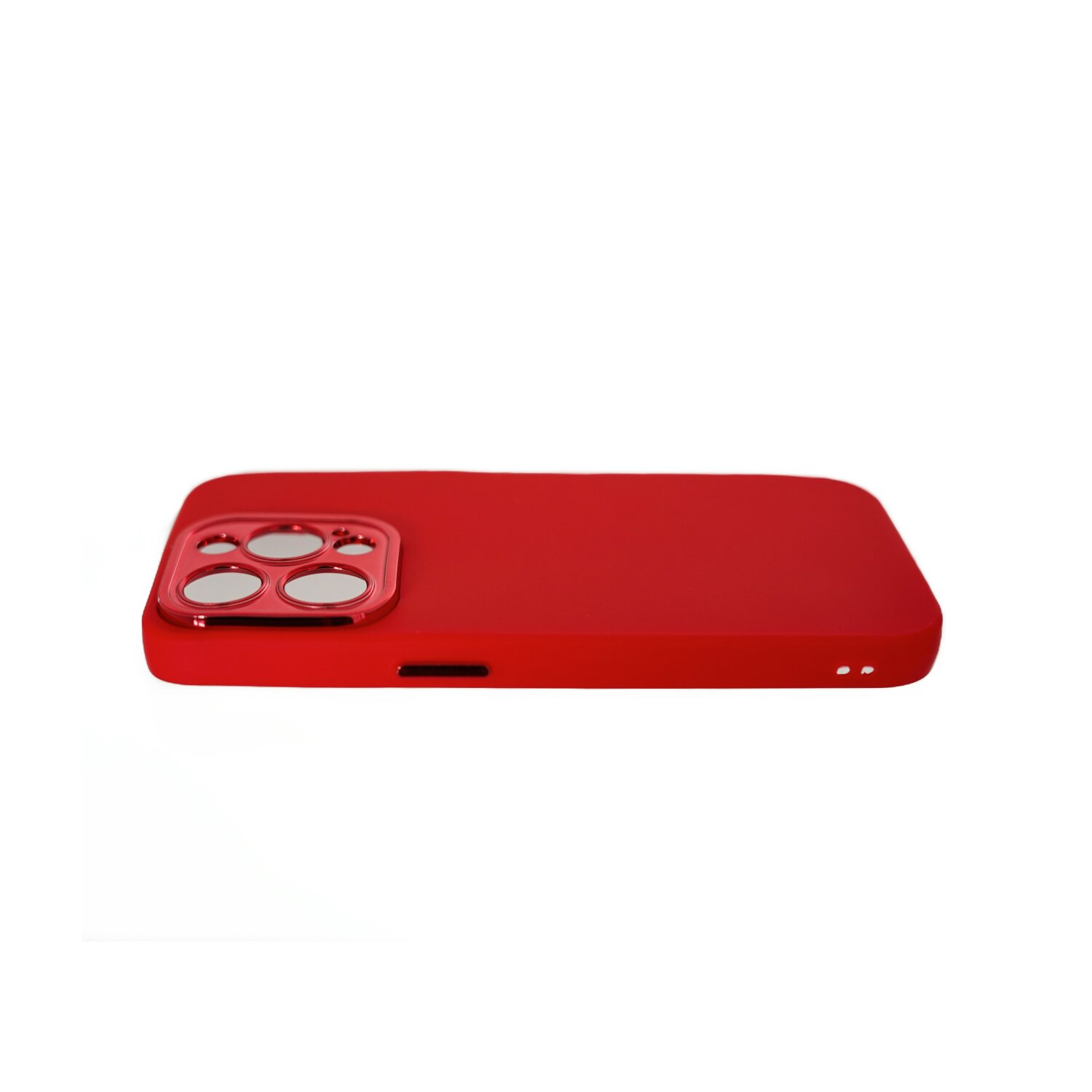 Custodia rossa per telefono con sporgenza della fotocamera, vista laterale, su sfondo bianco.