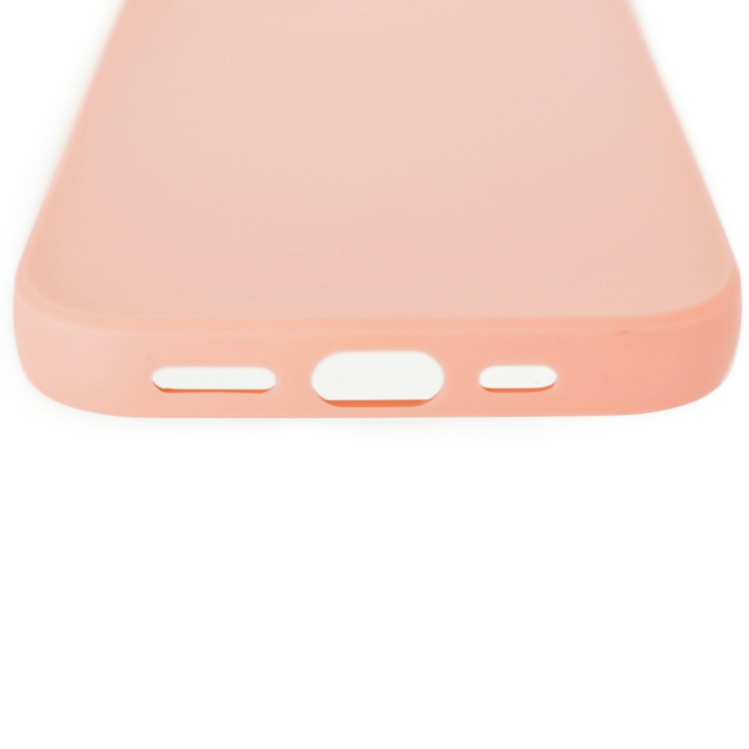 Primo piano di una custodia per telefono color pesca con porte di ricarica.