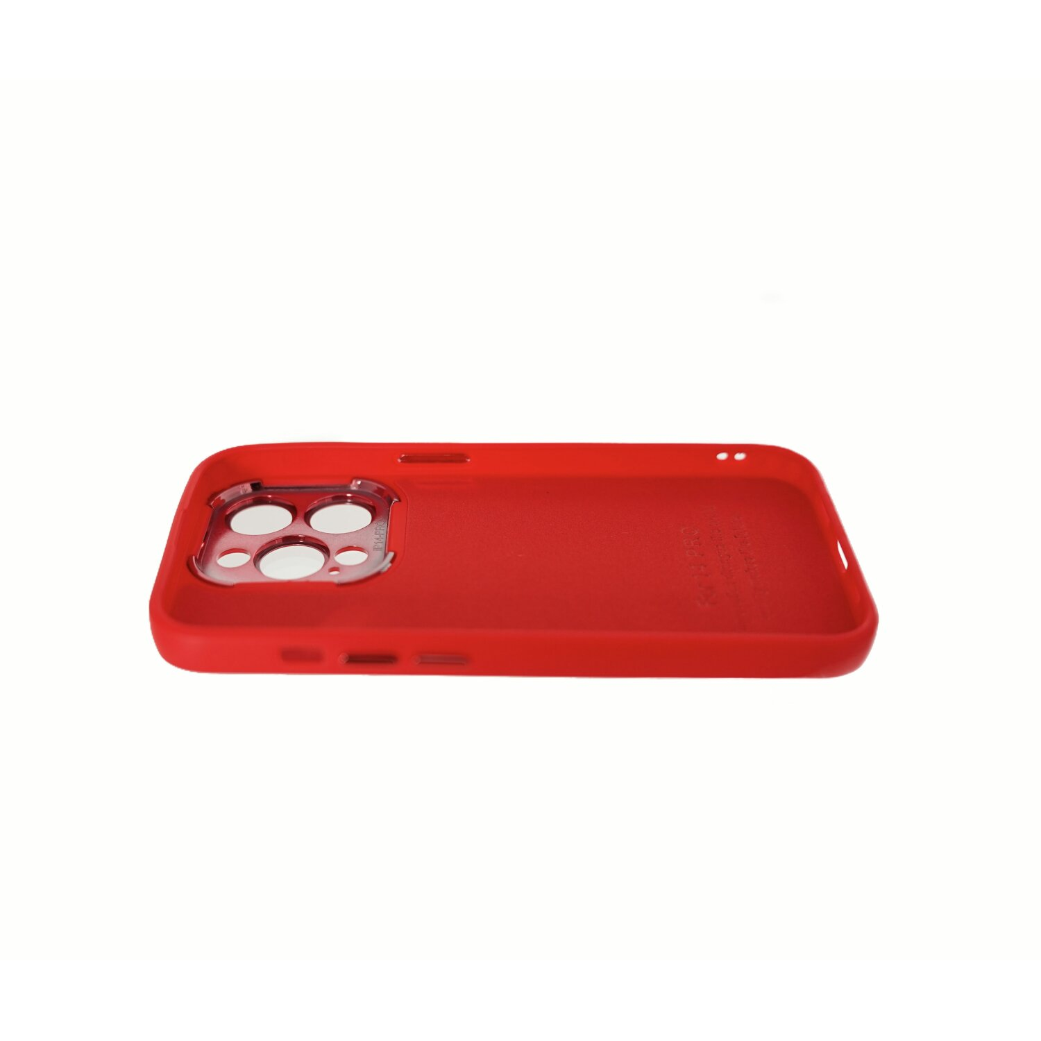 Custodia rossa per telefono. La custodia è su una superficie bianca. Intaglio per la fotocamera.