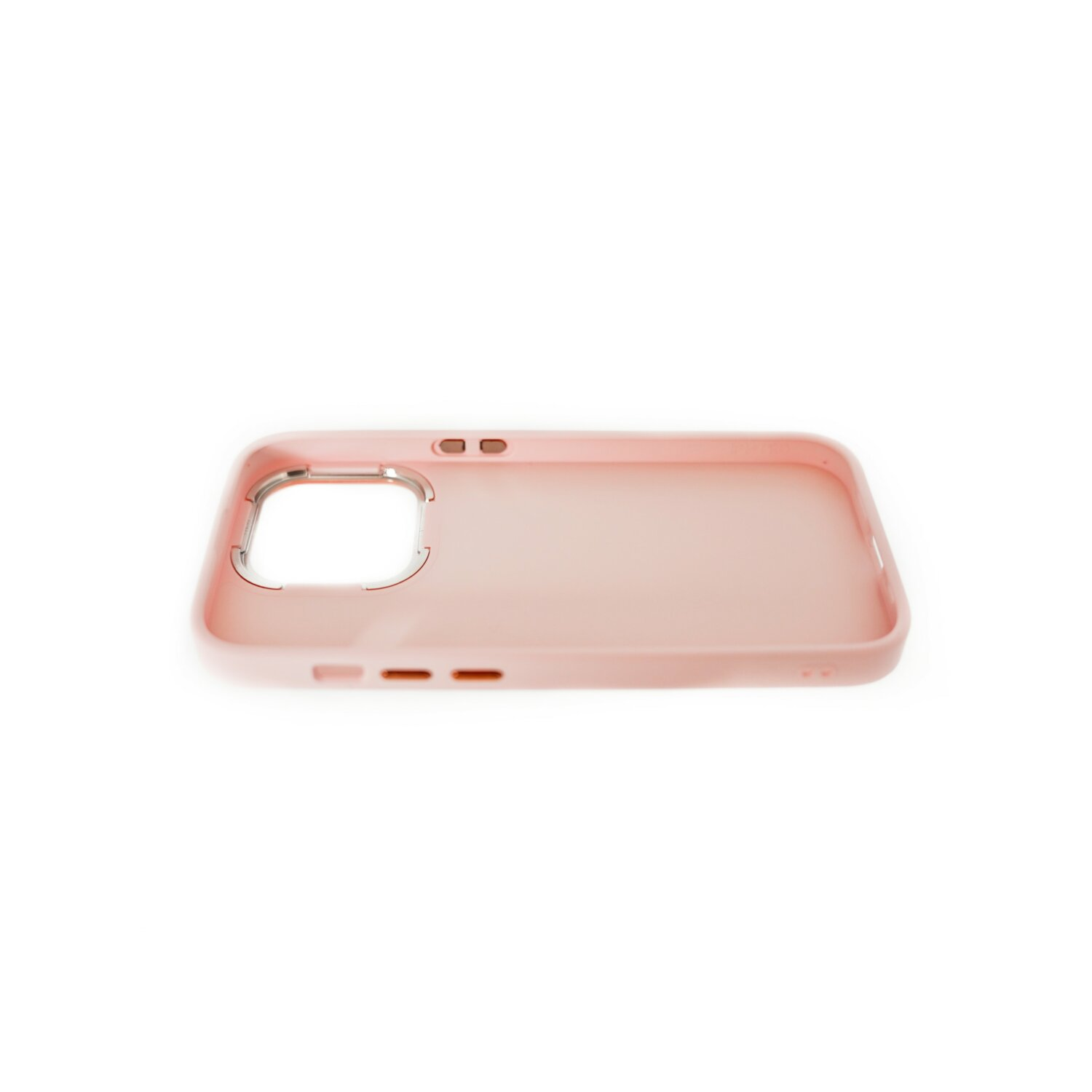 Una custodia per telefono rosa chiaro con ritagli per la fotocamera e i pulsanti su sfondo bianco.