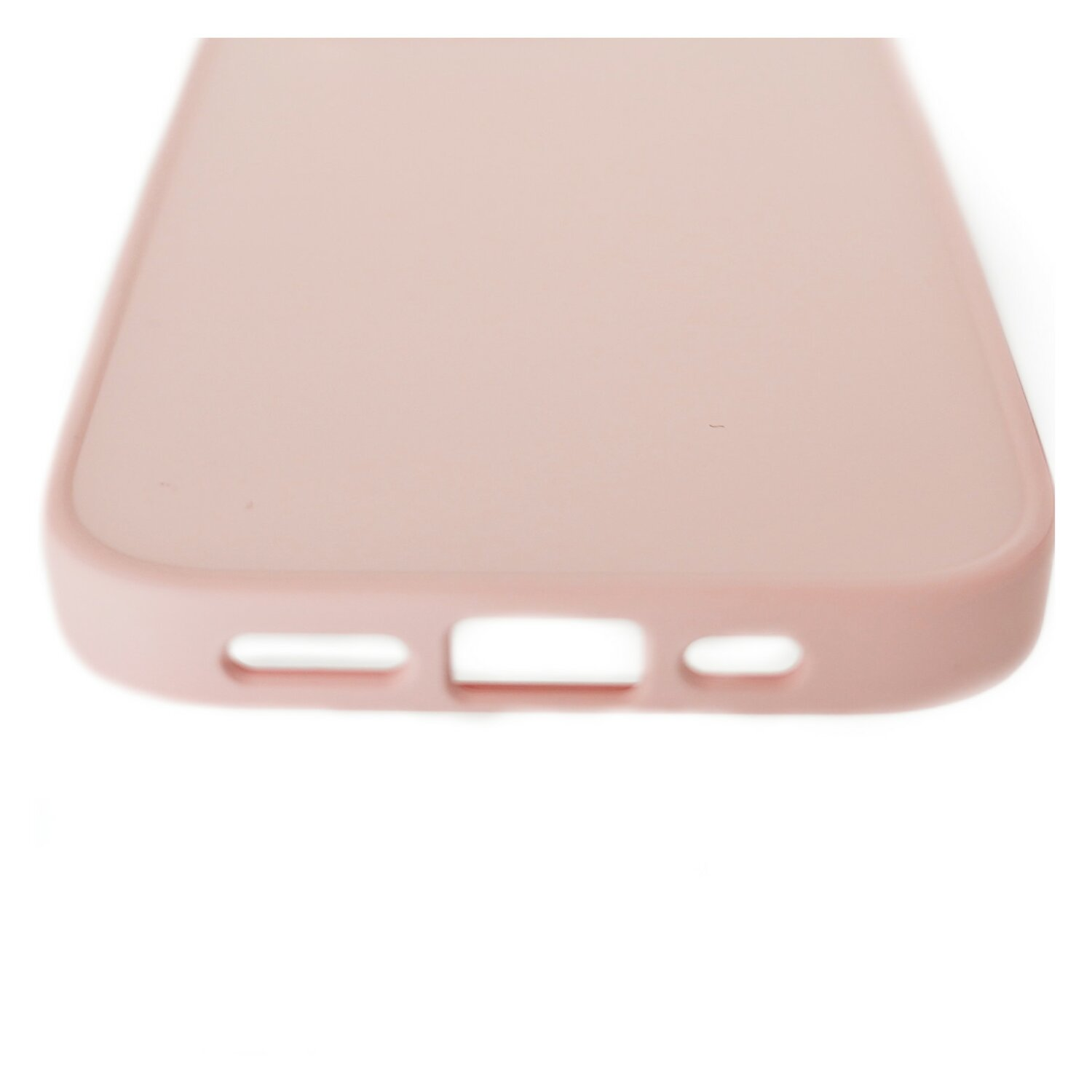 Una custodia per telefono rosa con fori per altoparlante e caricatore.