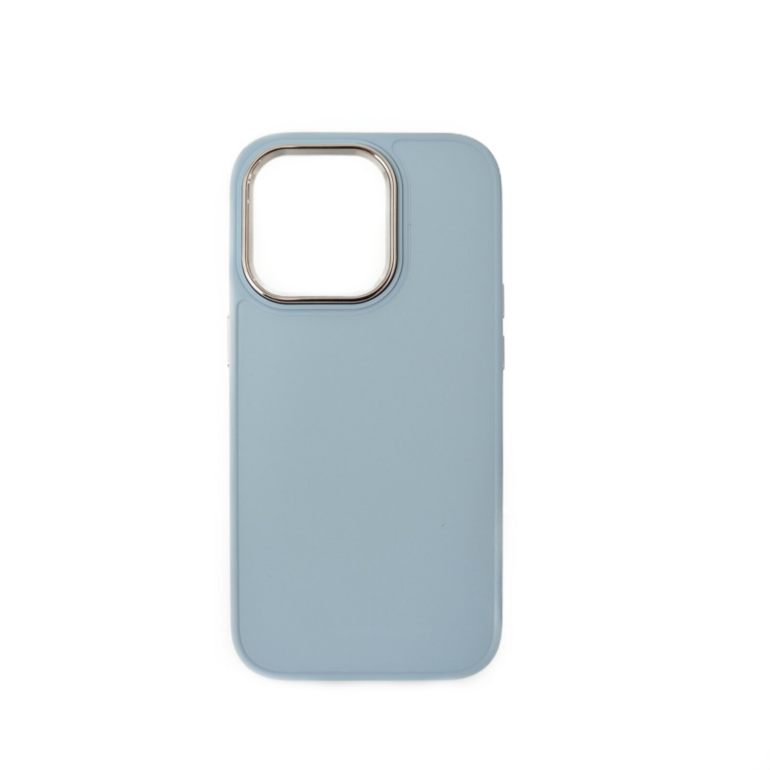 Una custodia per telefono azzurra con un anello per fotocamera argentato.