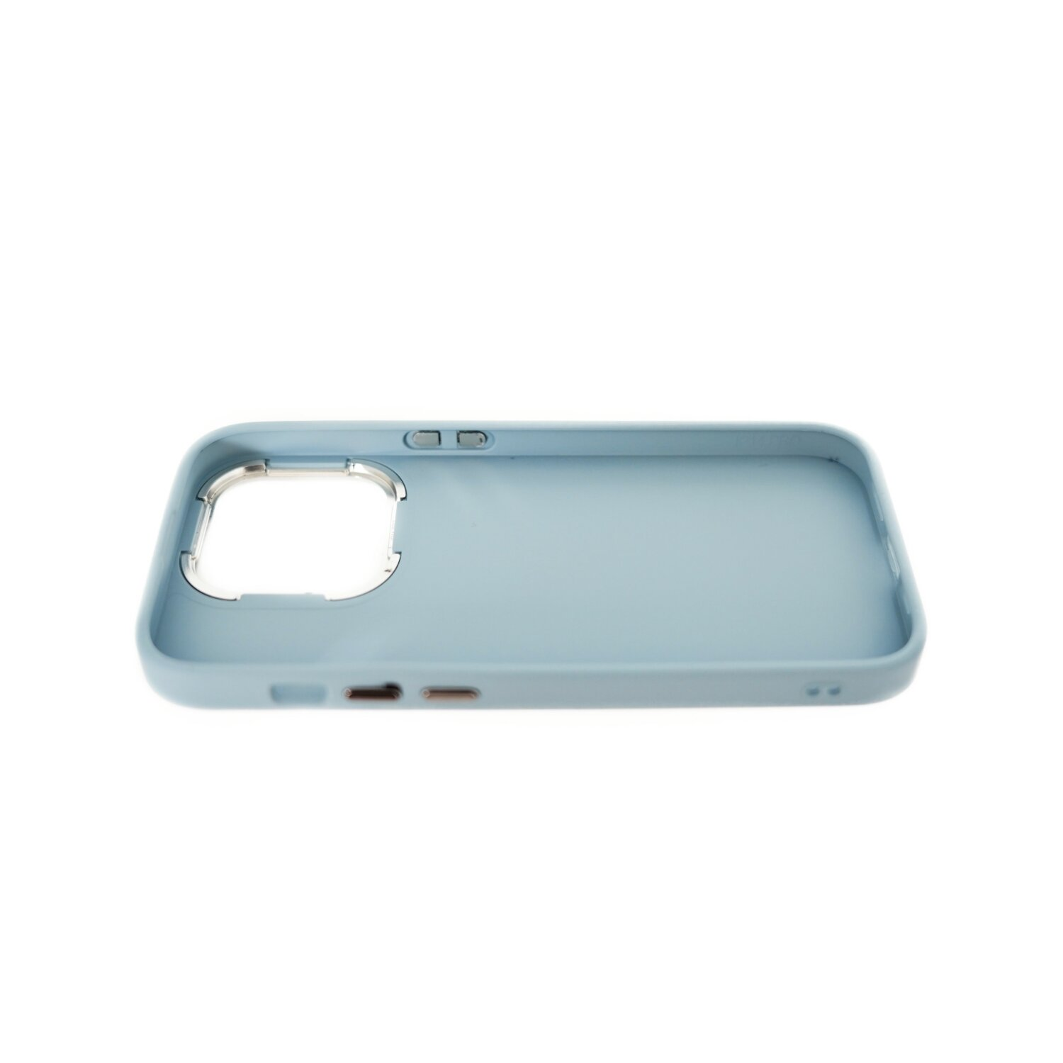 Una custodia per telefono azzurra con ritaglio per fotocamera, superficie liscia.
