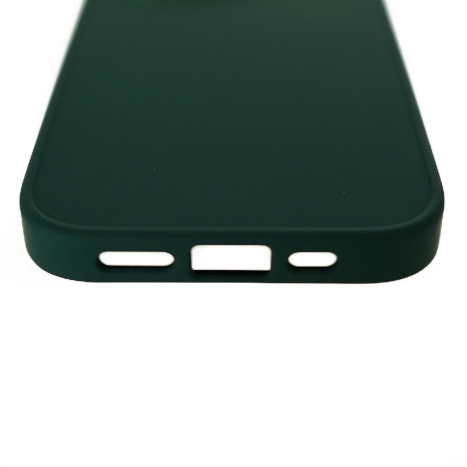 Custodia per telefono verde scuro con fori per porte e pulsanti.
