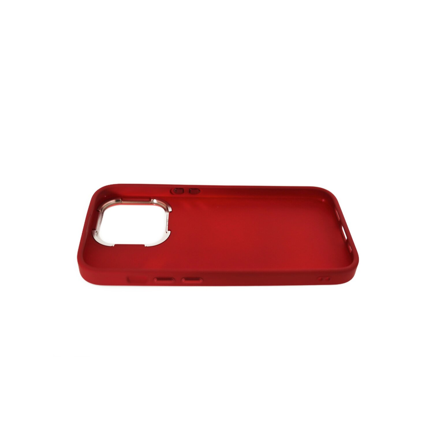 Custodia rossa per iPhone con un ritaglio per la fotocamera.