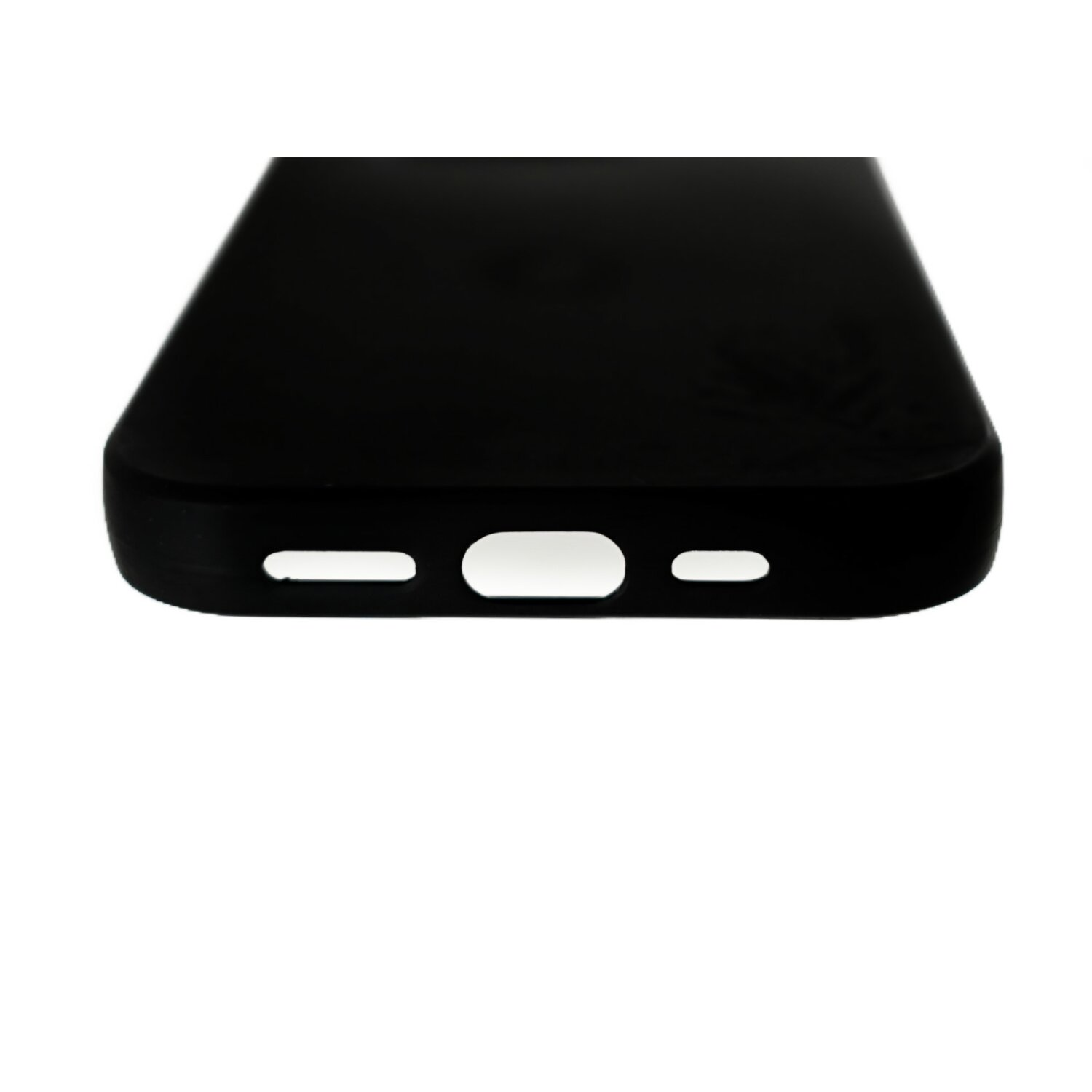 Primo piano di una custodia nera per telefono. Parte inferiore con porta di ricarica e fori altoparlante.