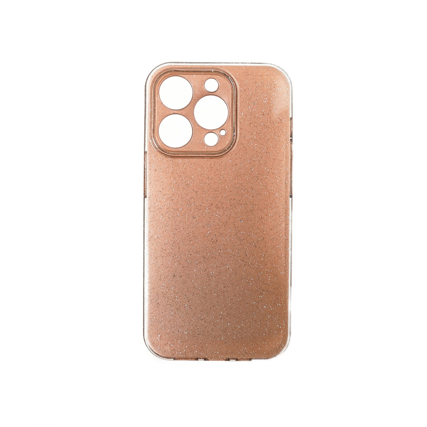 Custodia per telefono oro rosa con fori per fotocamera. Sfondo bianco.