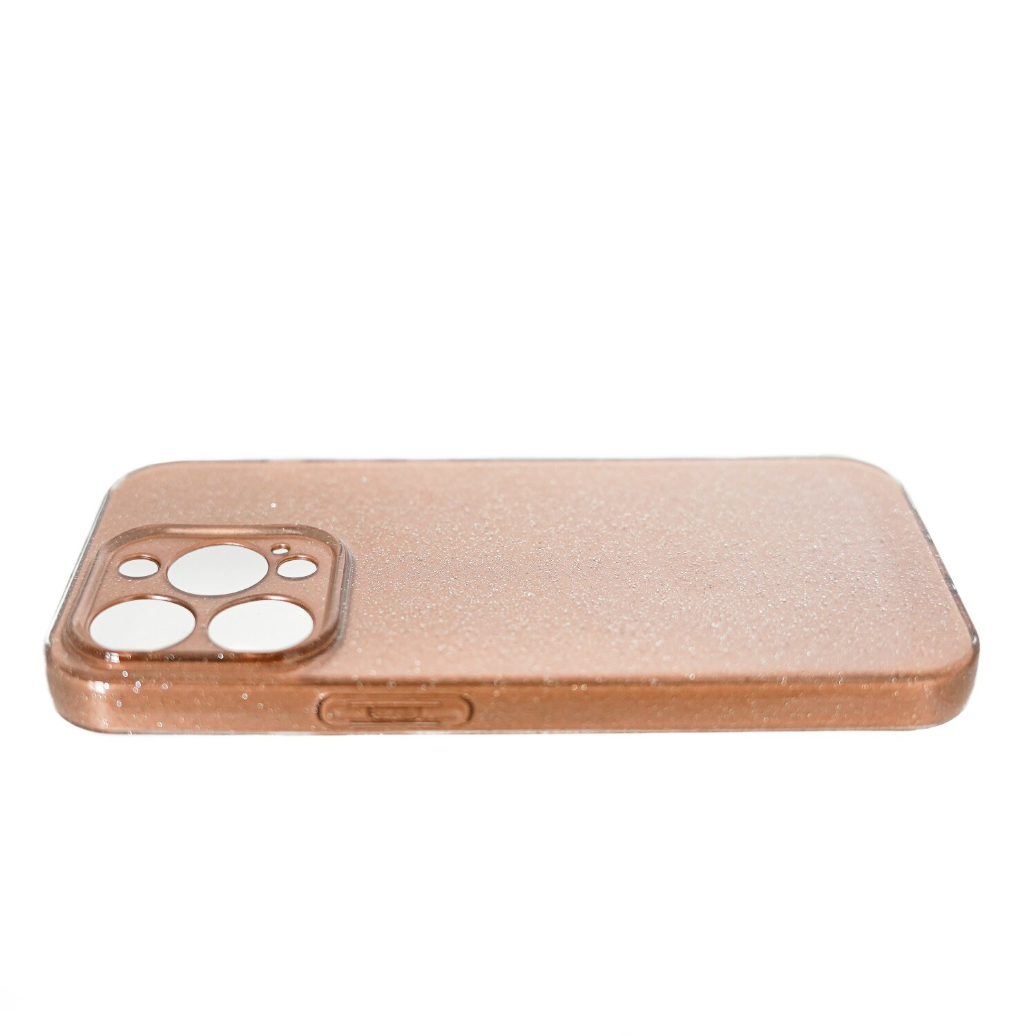 Una custodia per telefono oro rosa su sfondo bianco, con ritagli per fotocamera e superficie liscia e glitterata.