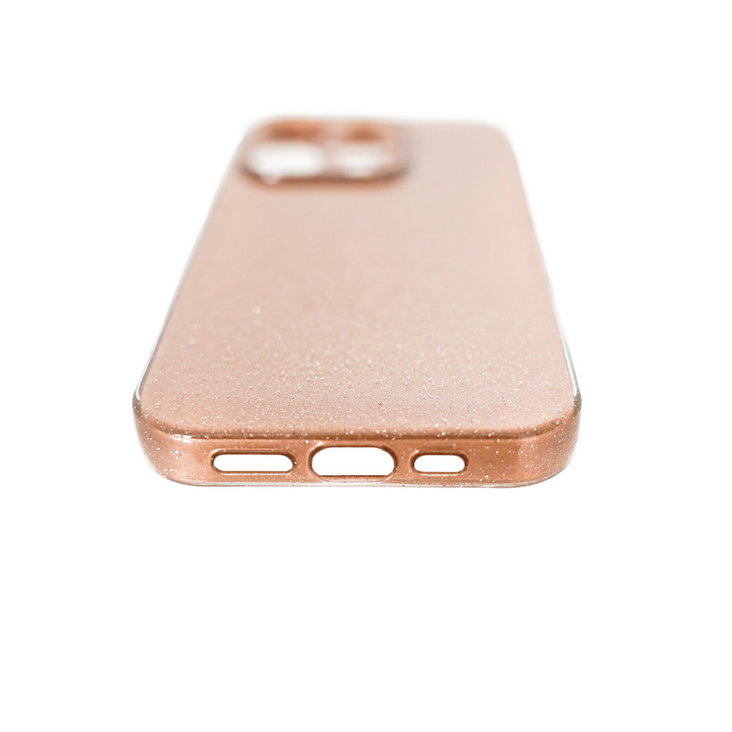Una custodia per telefono color oro rosa. La custodia ha una texture glitterata ed è isolata su bianco.