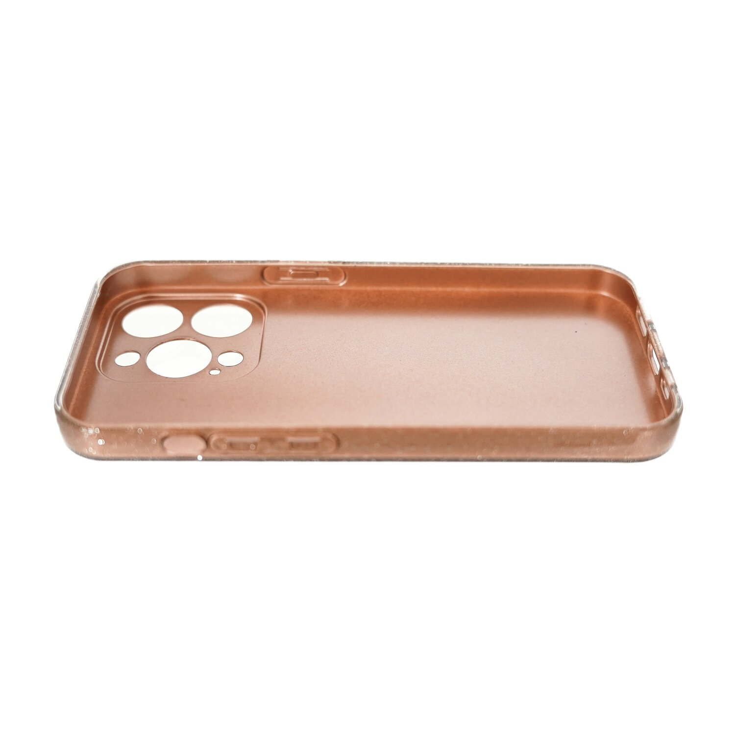 Custodia per telefono oro rosa con ritagli per la fotocamera, isolata su sfondo bianco.