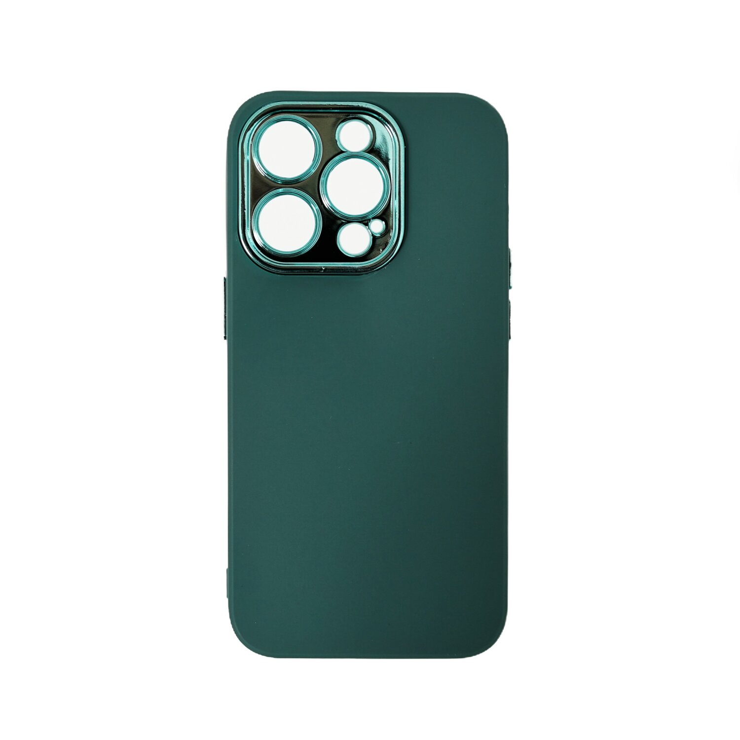 Custodia verde per telefono con fori fotocamera su sfondo bianco.
