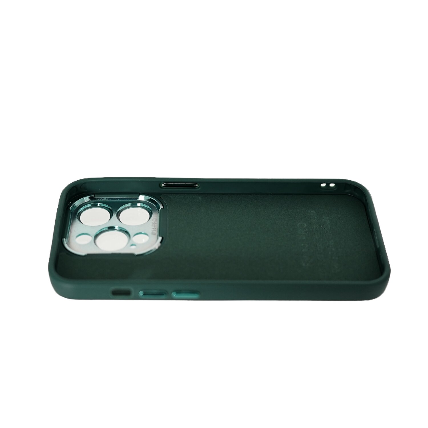 Custodia per telefono verde scuro, vista interna, con aperture per fotocamera e schermo.