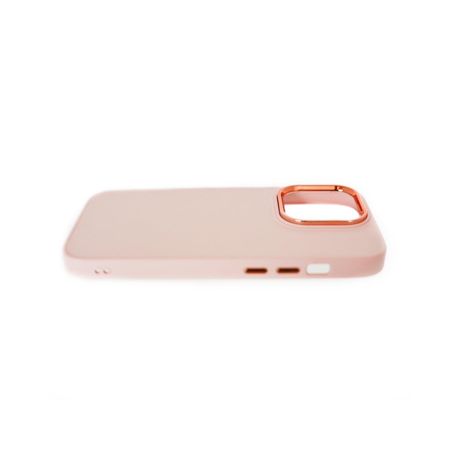 Una custodia per telefono rosa con un anello per fotocamera in oro rosa.