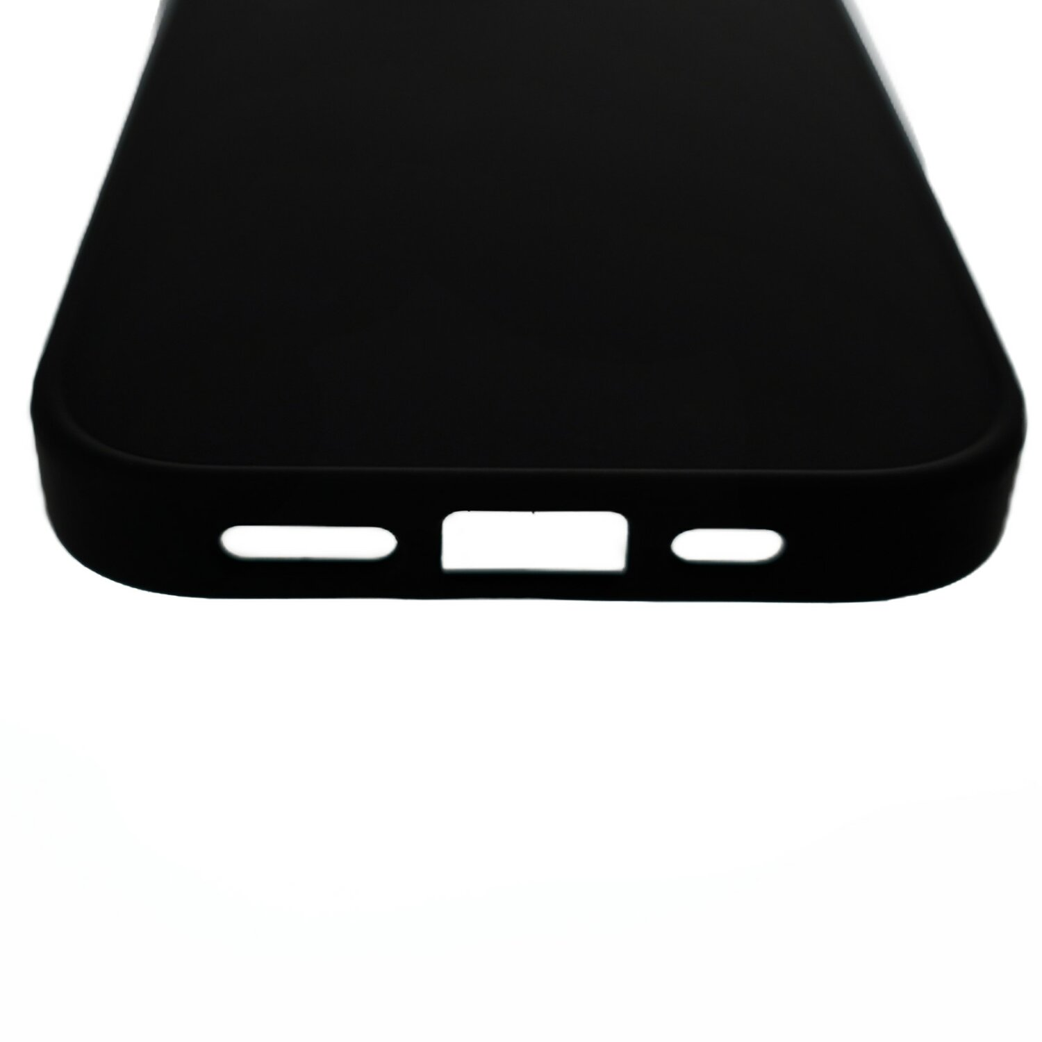Primo piano della parte inferiore di un telefono nero, che mostra le porte di ricarica e altoparlante.