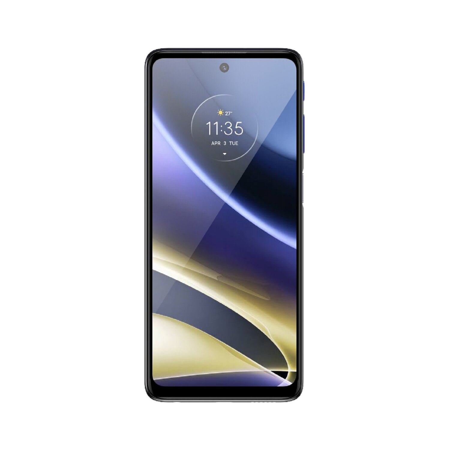 Uno smartphone con uno schermo blu e viola che mostra l'ora e la data. Il telefono è nero.