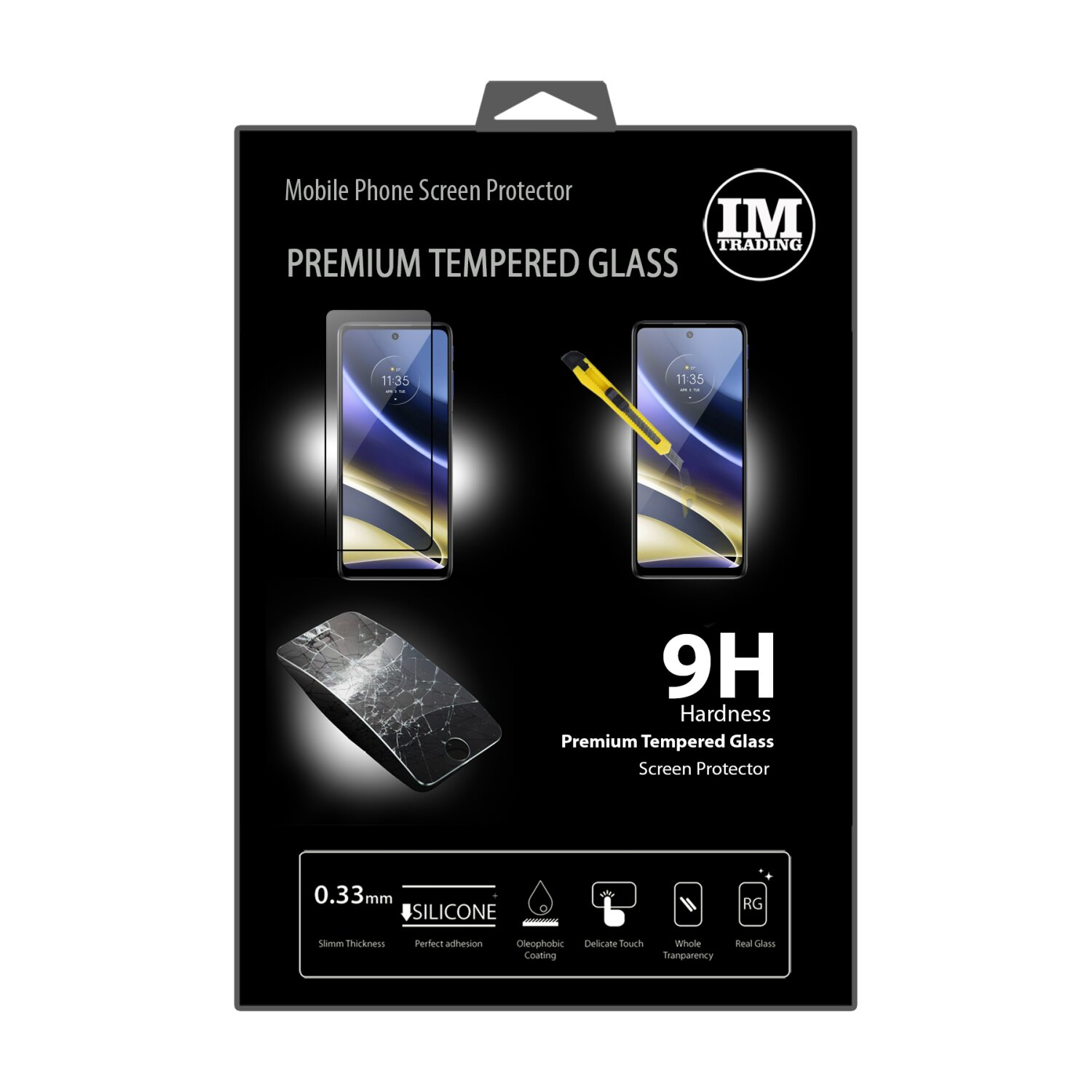 Scatola di protezione schermo per cellulare con protezioni, immagini del telefono e testo.