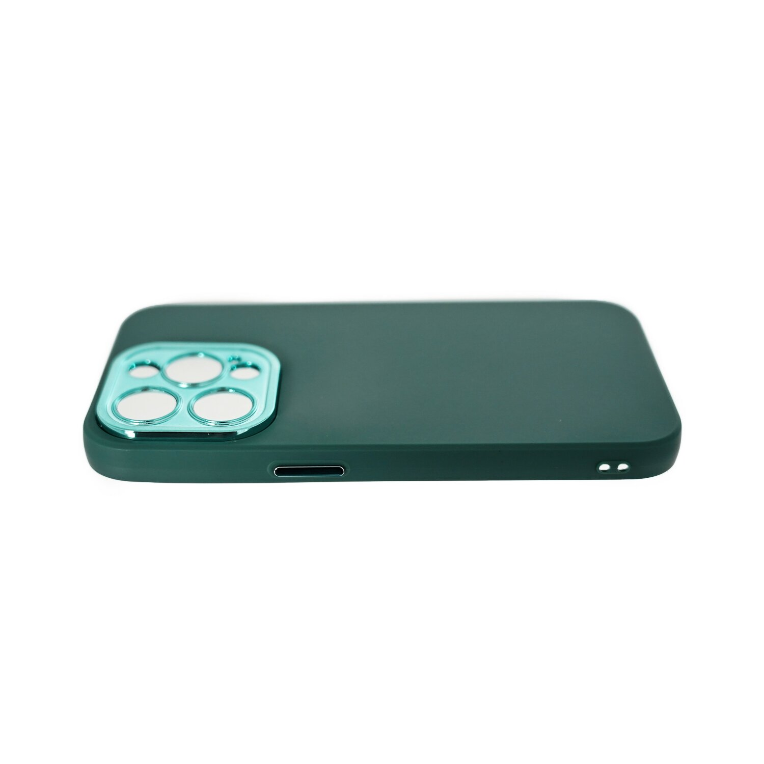 Custodia per telefono verde scuro con anello fotocamera verde acqua, leggermente angolata. Sfondo bianco.
