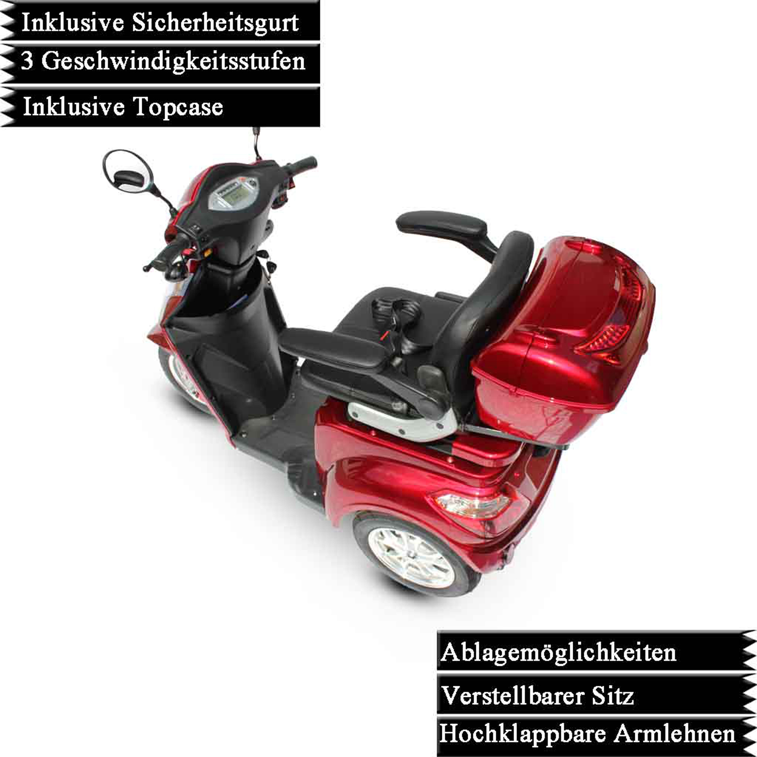 Roter Mobilitätsscooter mit Textbeschriftungen auf Deutsch.