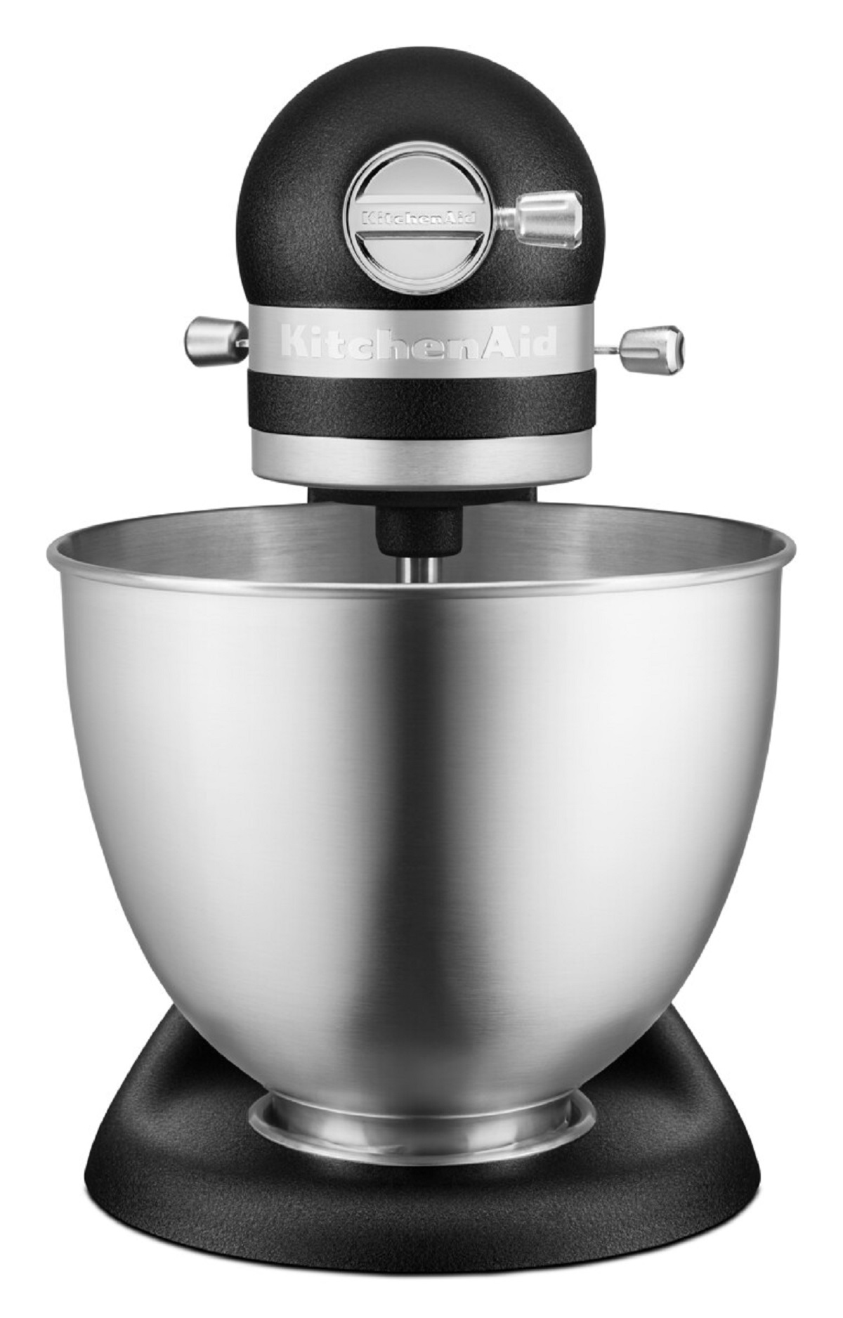 KitchenAid Küchenmaschine, schwarz. Sie hat eine Edelstahlschüssel und einen schwarzen Sockel.