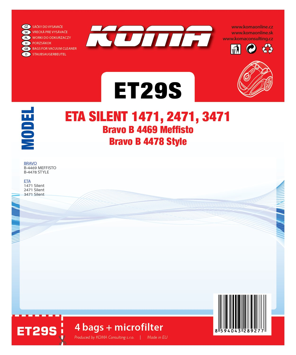 Produktverpackung für Staubsaugerbeutel. Text enthält Markennamen, Produktmodell und Beutelspezifikationen.