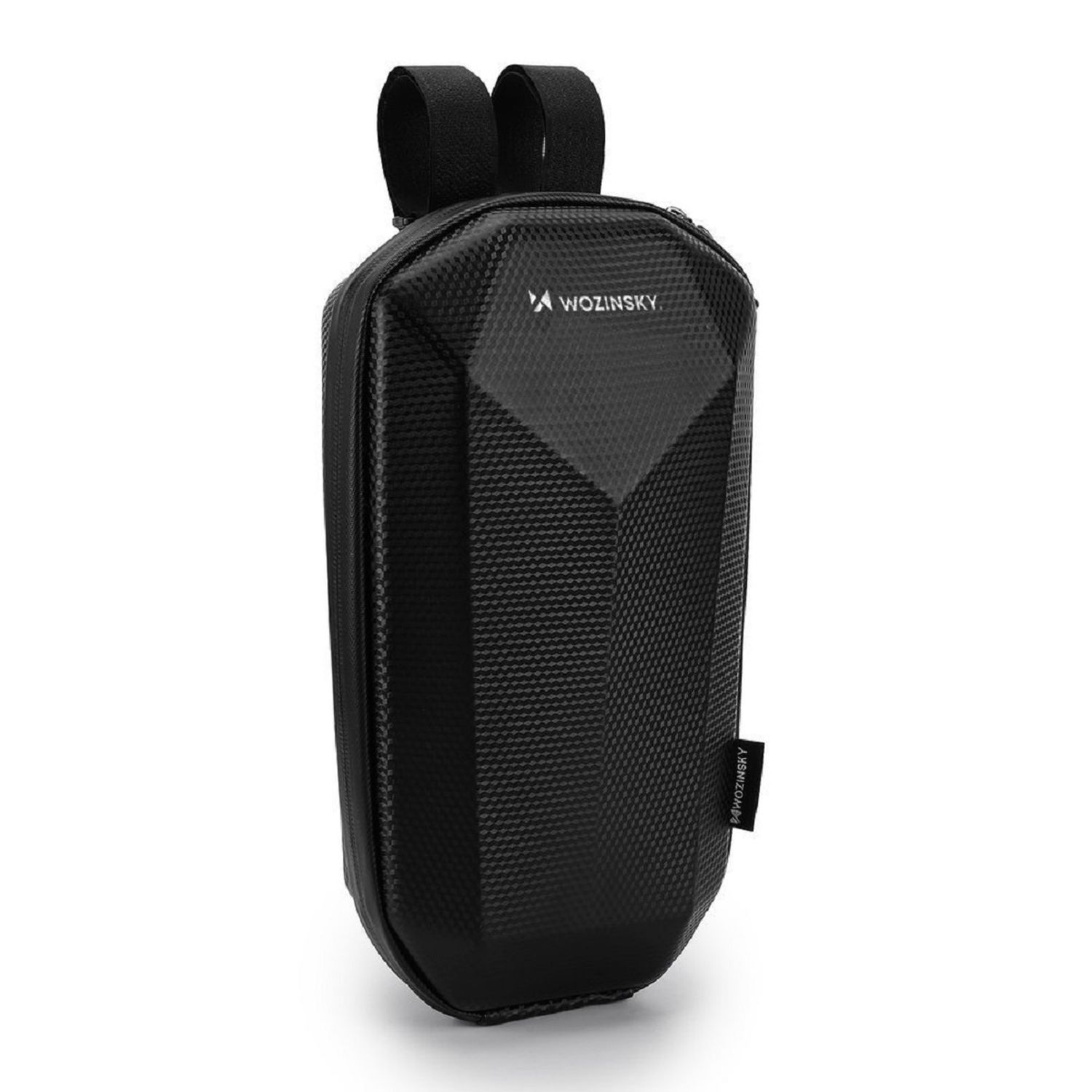 Schwarze Roller-Tasche mit geometrischem Muster und einem Griff.