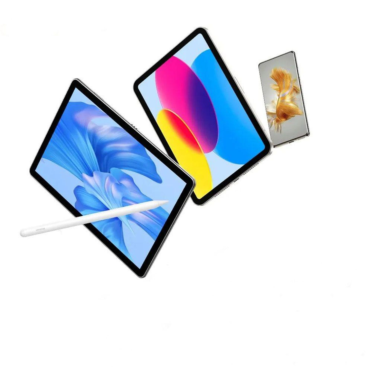 Tablets und ein Telefon mit bunten Bildschirmen auf weißem Hintergrund.
