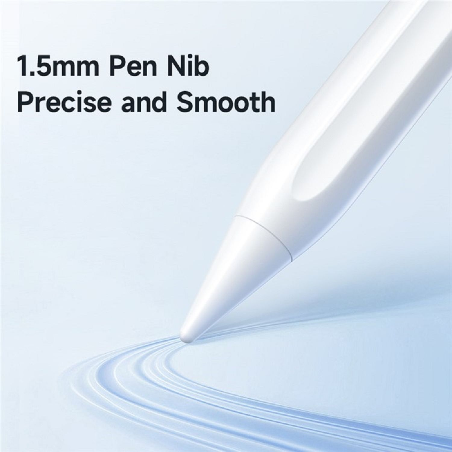Weißer Stift mit Text: '1,5 mm Stiftspitze Präzise und Glatt' auf hellblauem Hintergrund.