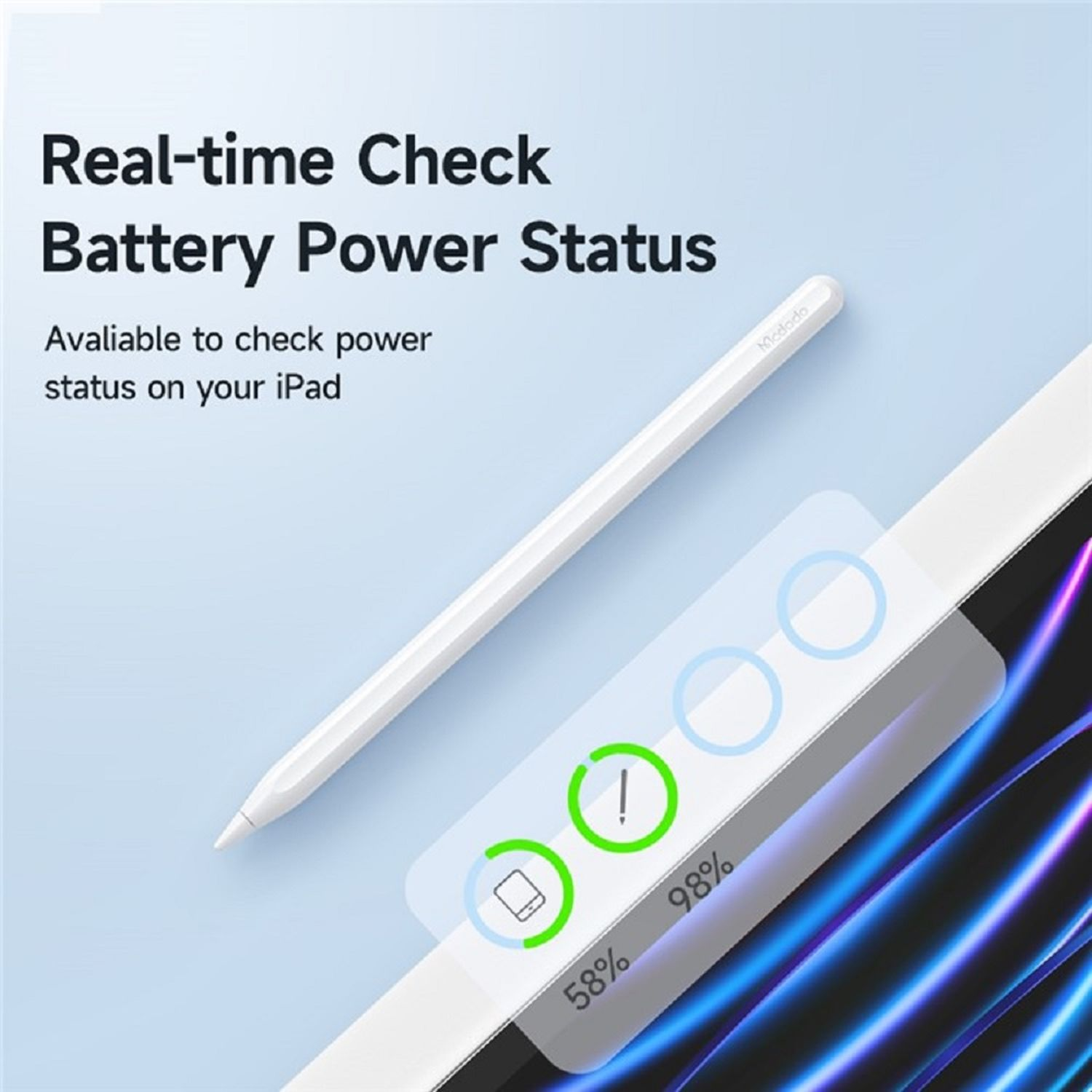 iPad mit Stift und Batteriestatus. Akku zeigt 58% und 98% Ladestand.