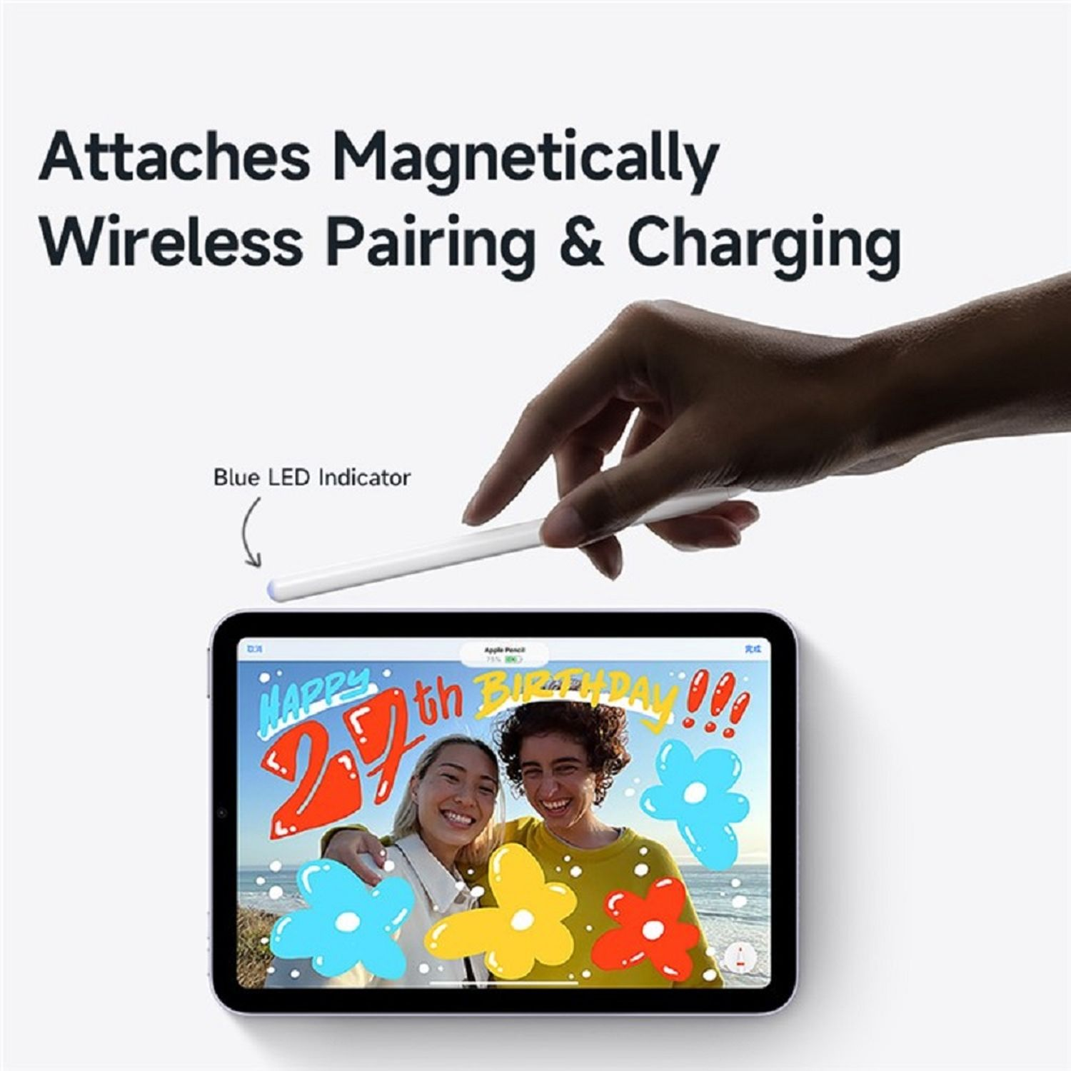 Ein iPad mit Stift und Text: Haftet magnetisch, kabelloses Koppeln und Laden.