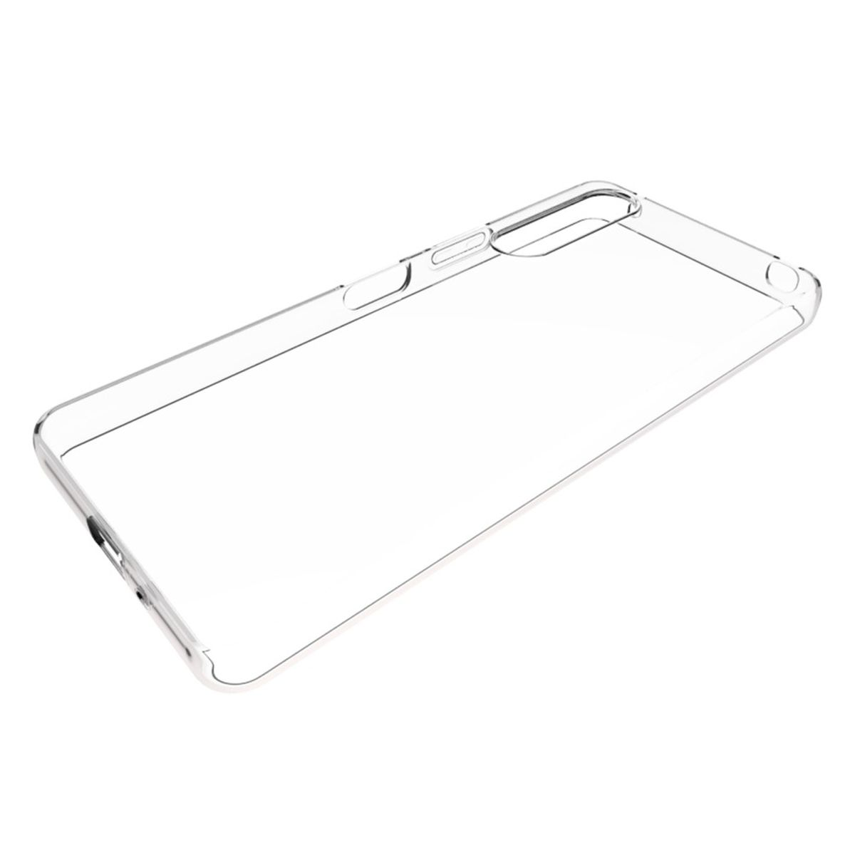 Eine transparente Handyhülle wird aus einem Winkel gezeigt, wodurch ihr transparentes Design sichtbar wird.