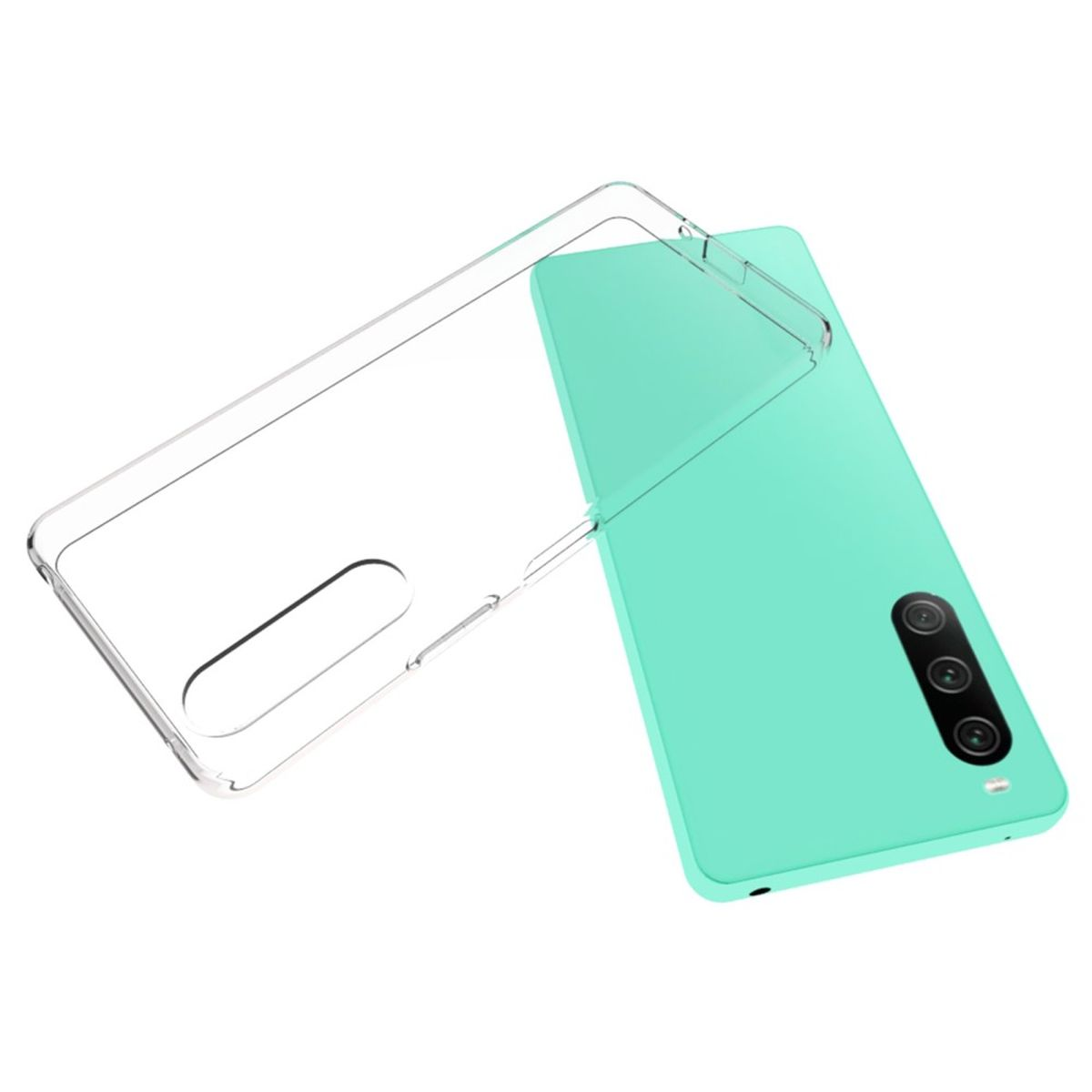 Transparente Handyhülle auf einem mintgrünen Telefon. Hülle ist leicht angewinkelt, Telefon liegt auf dem Rücken.